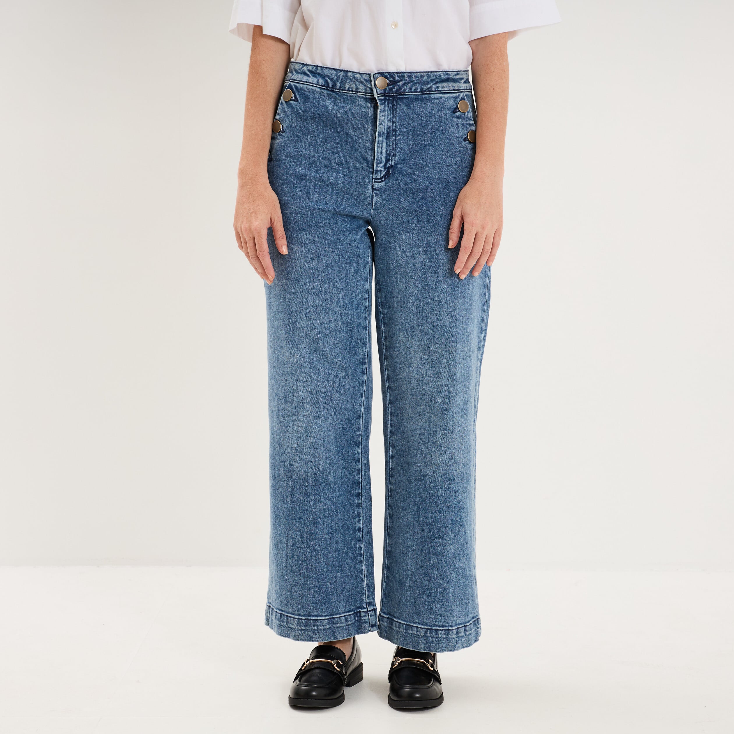 Jean large cropped &agrave; pont taille haute denim triple stone femme