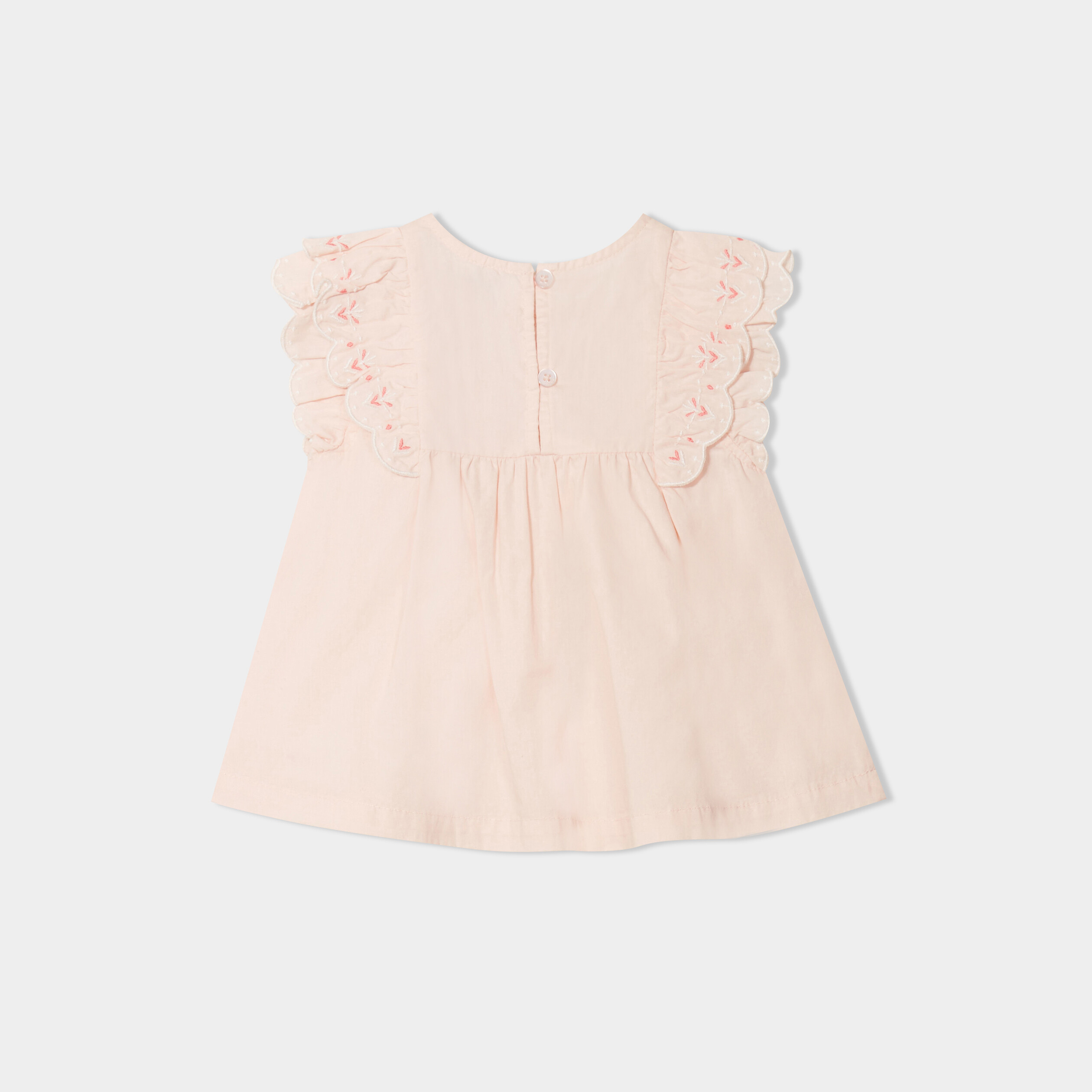 blouse coton manches volants broderie rose clair bebef Blouse coton manches volants broderie rose clair bébé fille