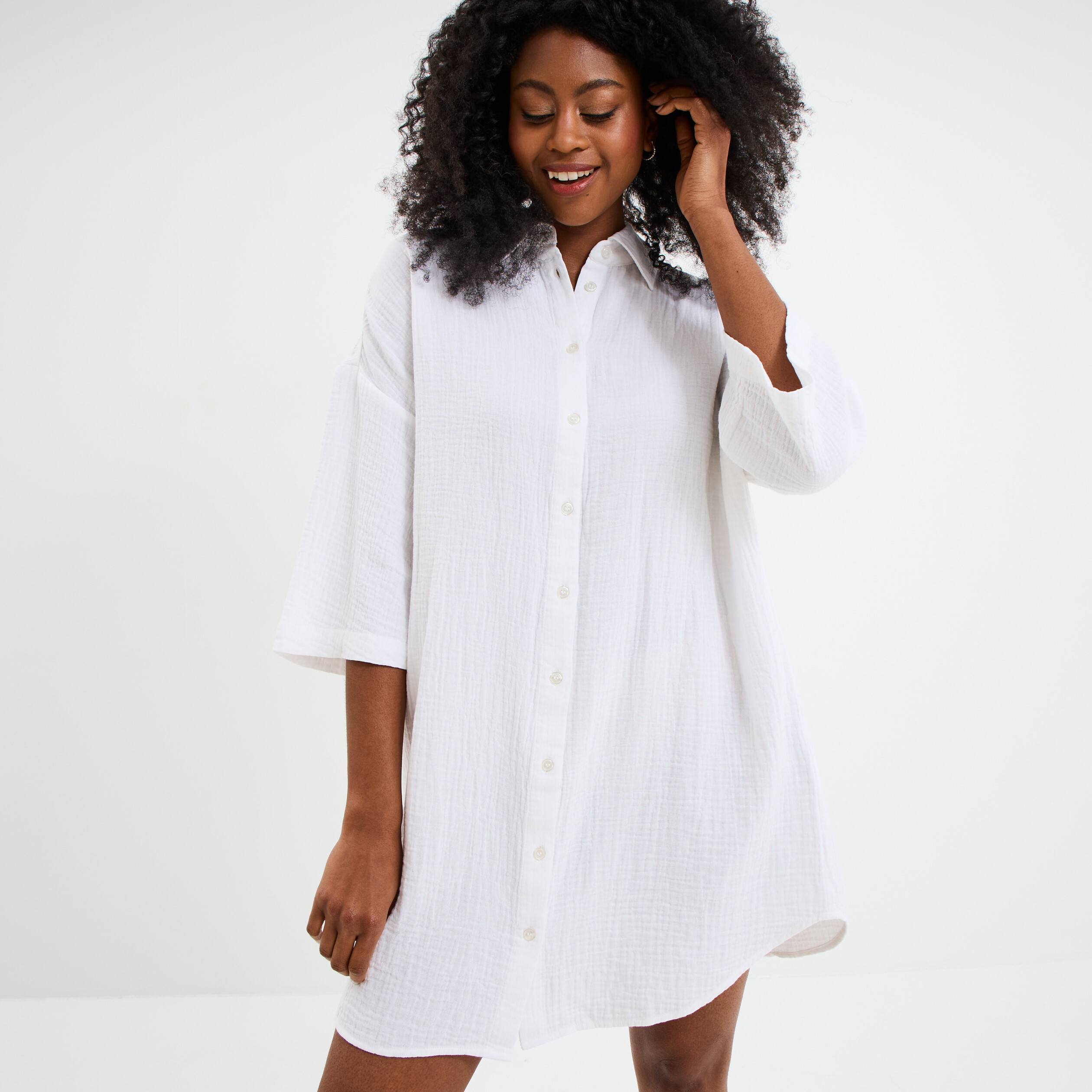robe chemise manches 34 gaze de coton blanc femme Robe chemise manches 3/4 gaze de coton blanc femme