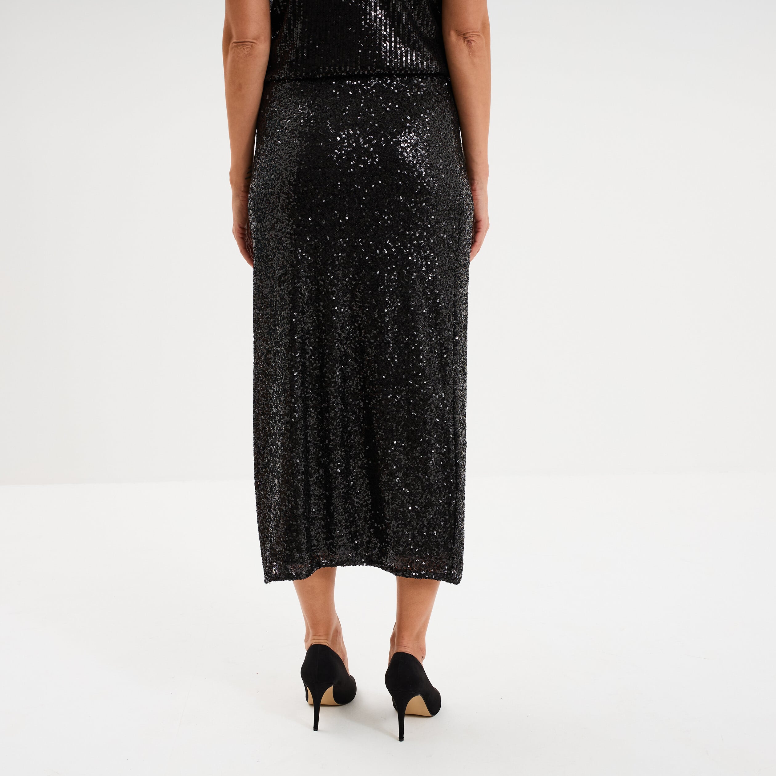 Jupe longue &agrave; sequins noir femme