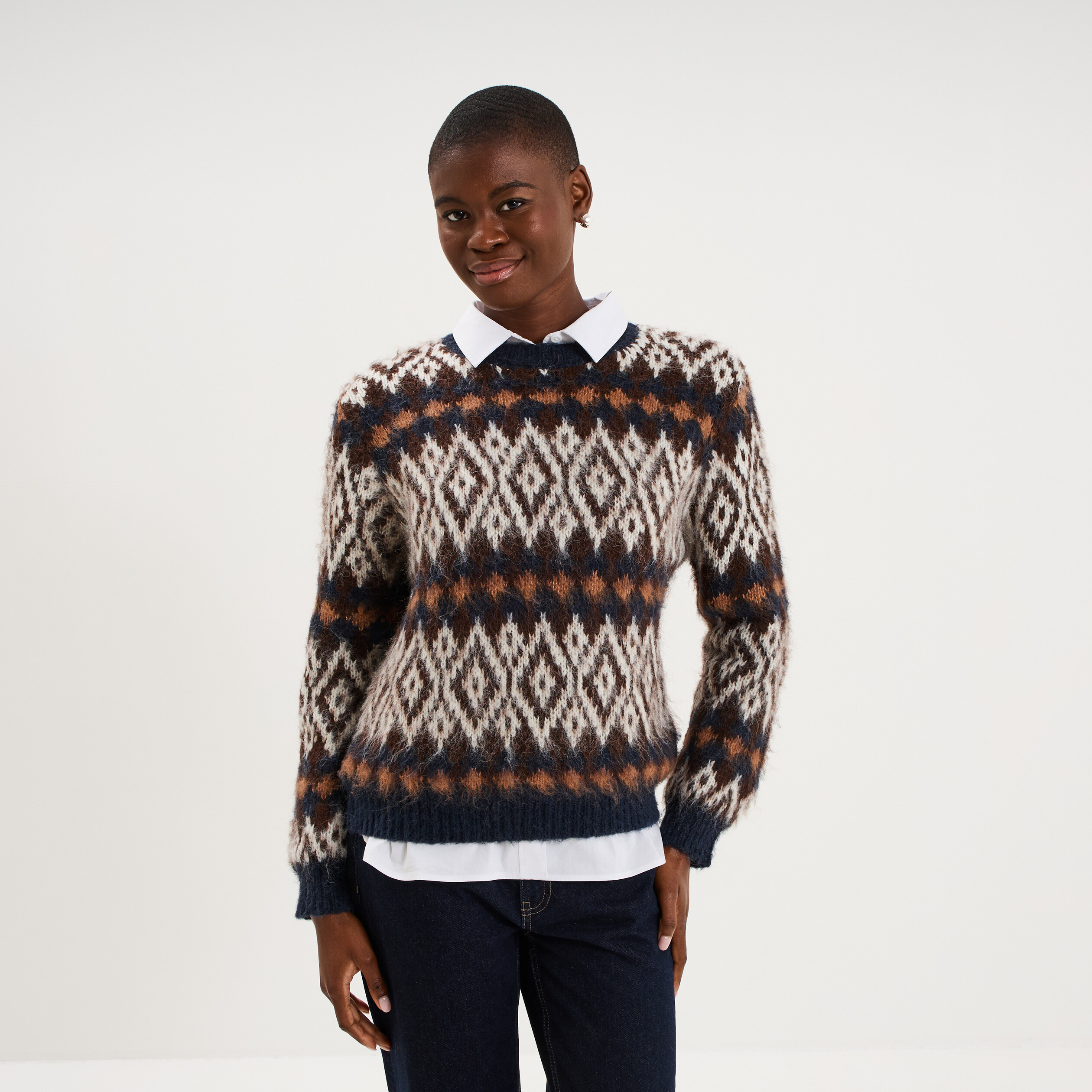 Pull manches longues col rond marron femme