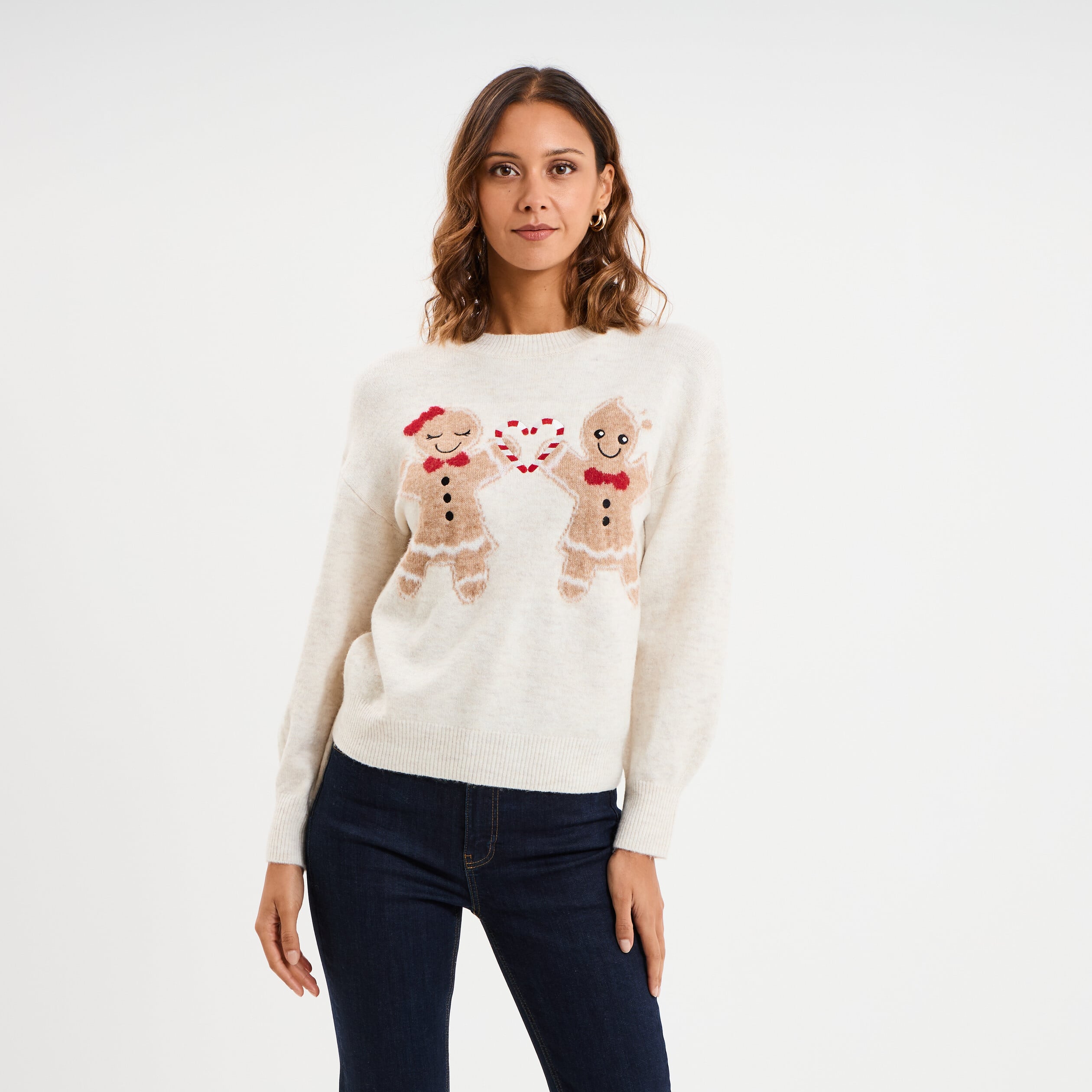 Pull de No&euml;l col rond sable femme