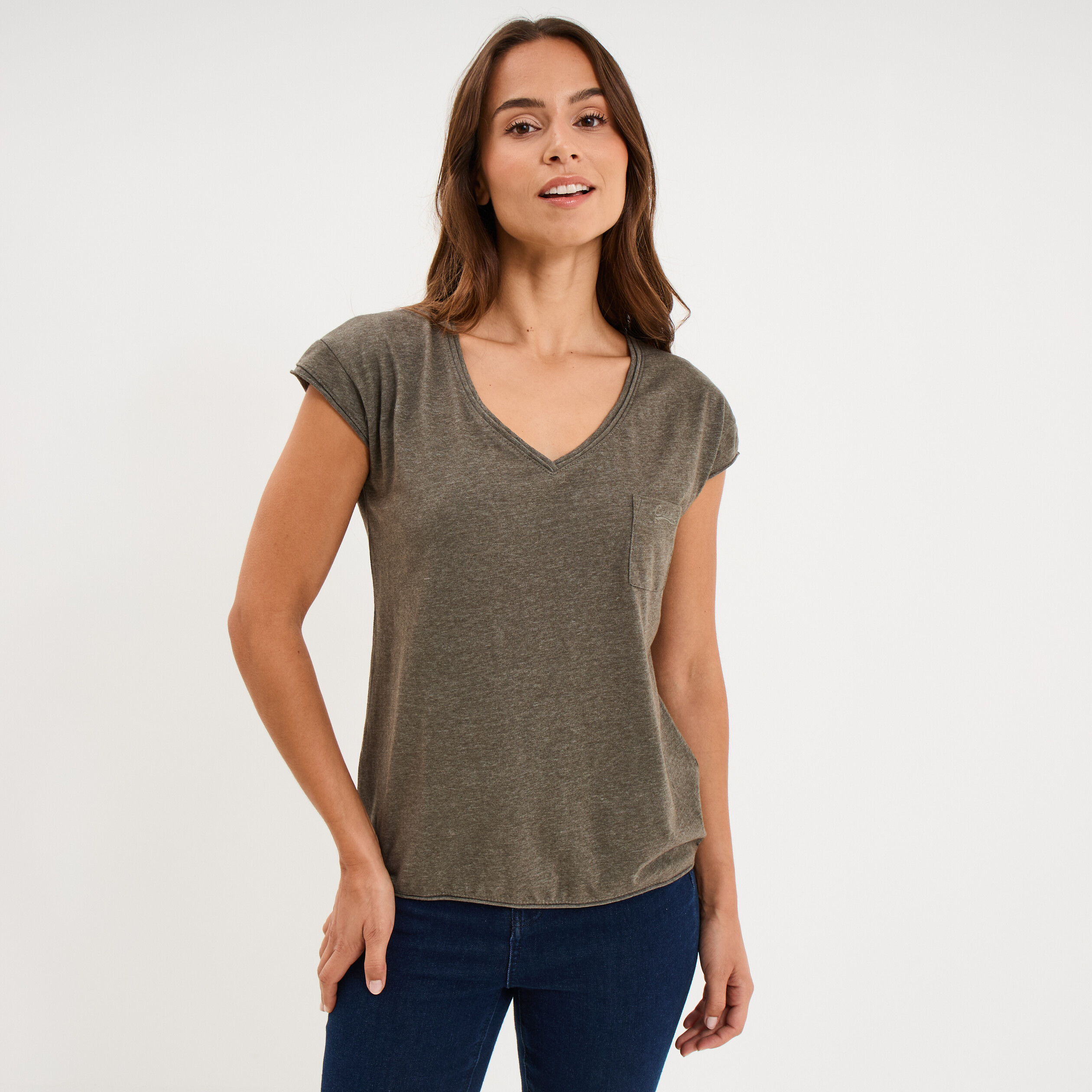 T-shirt col v poche poitrine vert kaki femme