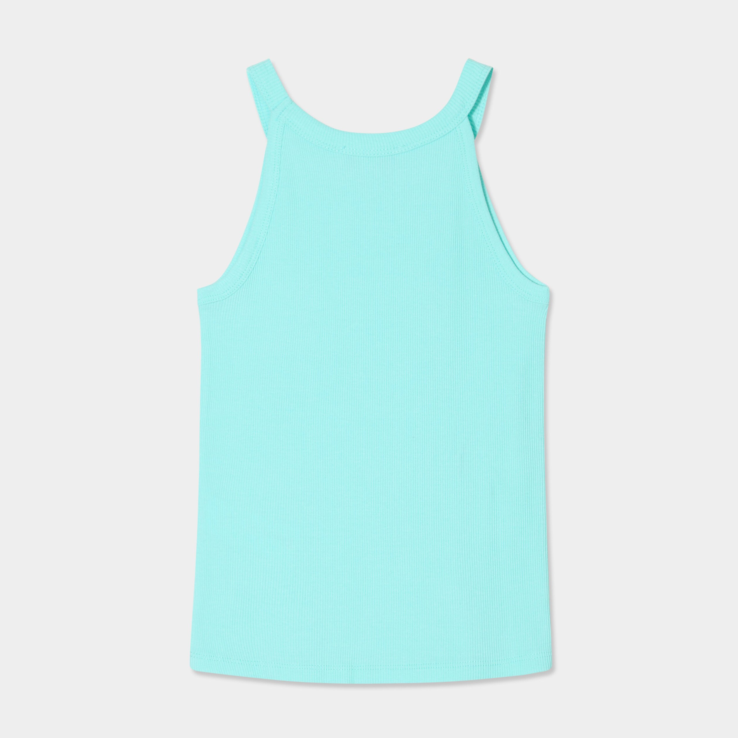 debardeur cotele col rond coton bleu turquoise fille Débardeur côtelé col rond coton bleu turquoise fille
