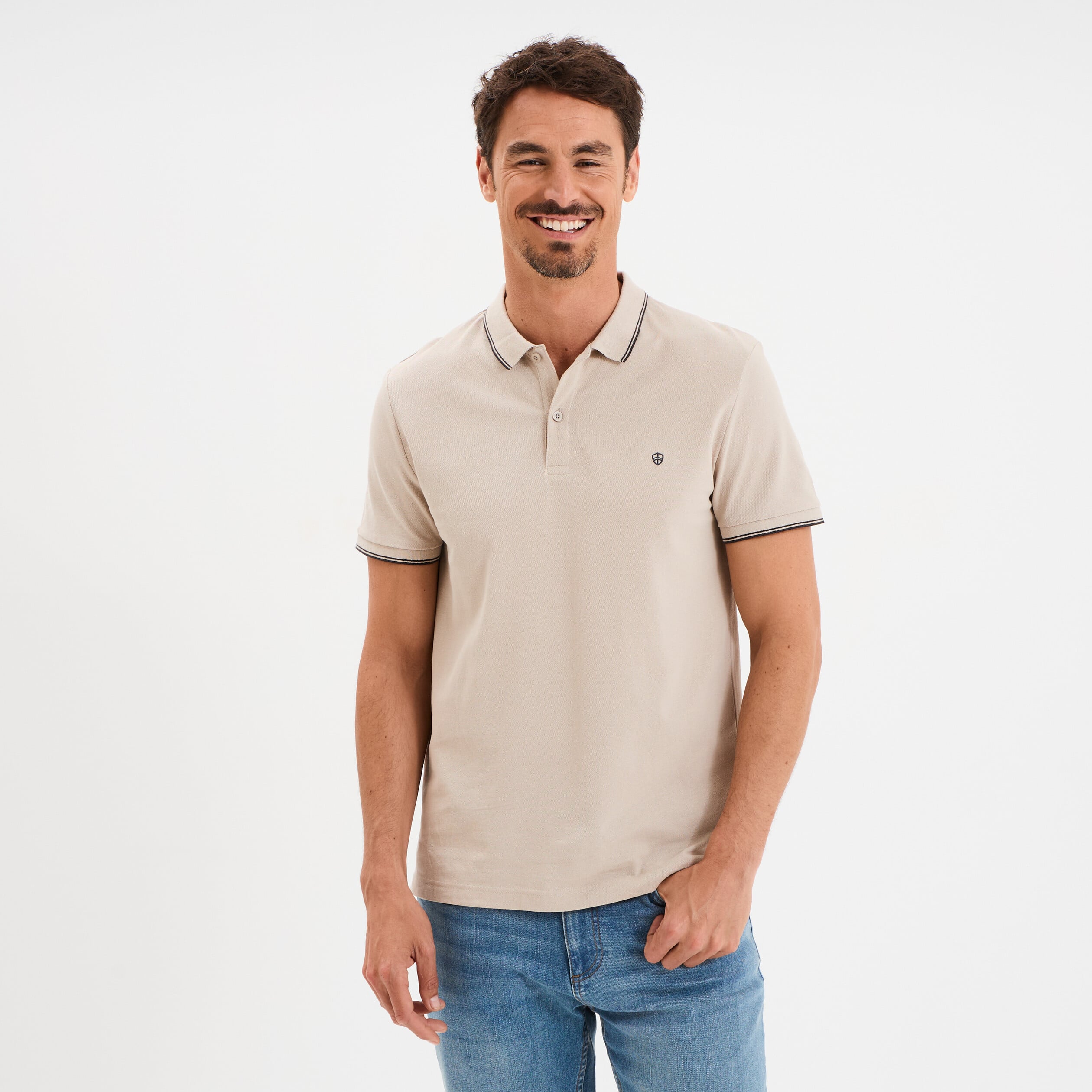 Polo piqu&eacute; coton manches courtes sable homme