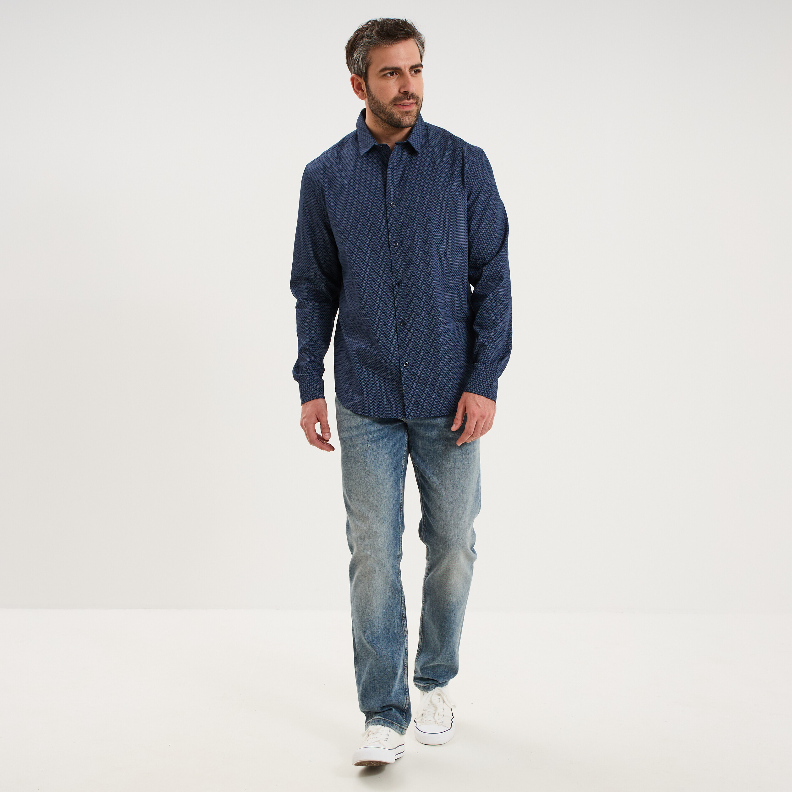 Chemise droite imprim&eacute;e manches longues bleu marine homme