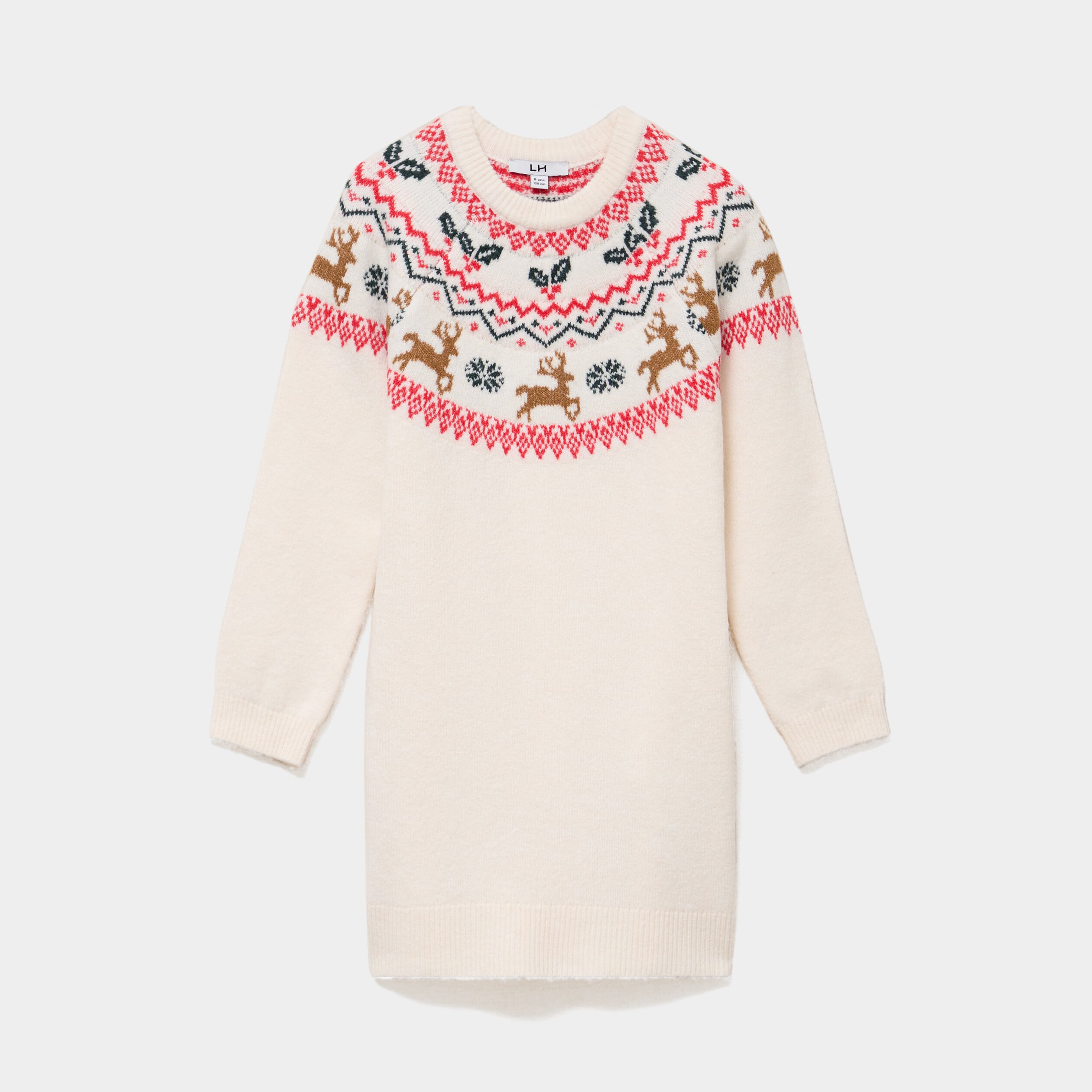Robe pull droite manches longues No&euml;l ecru fille