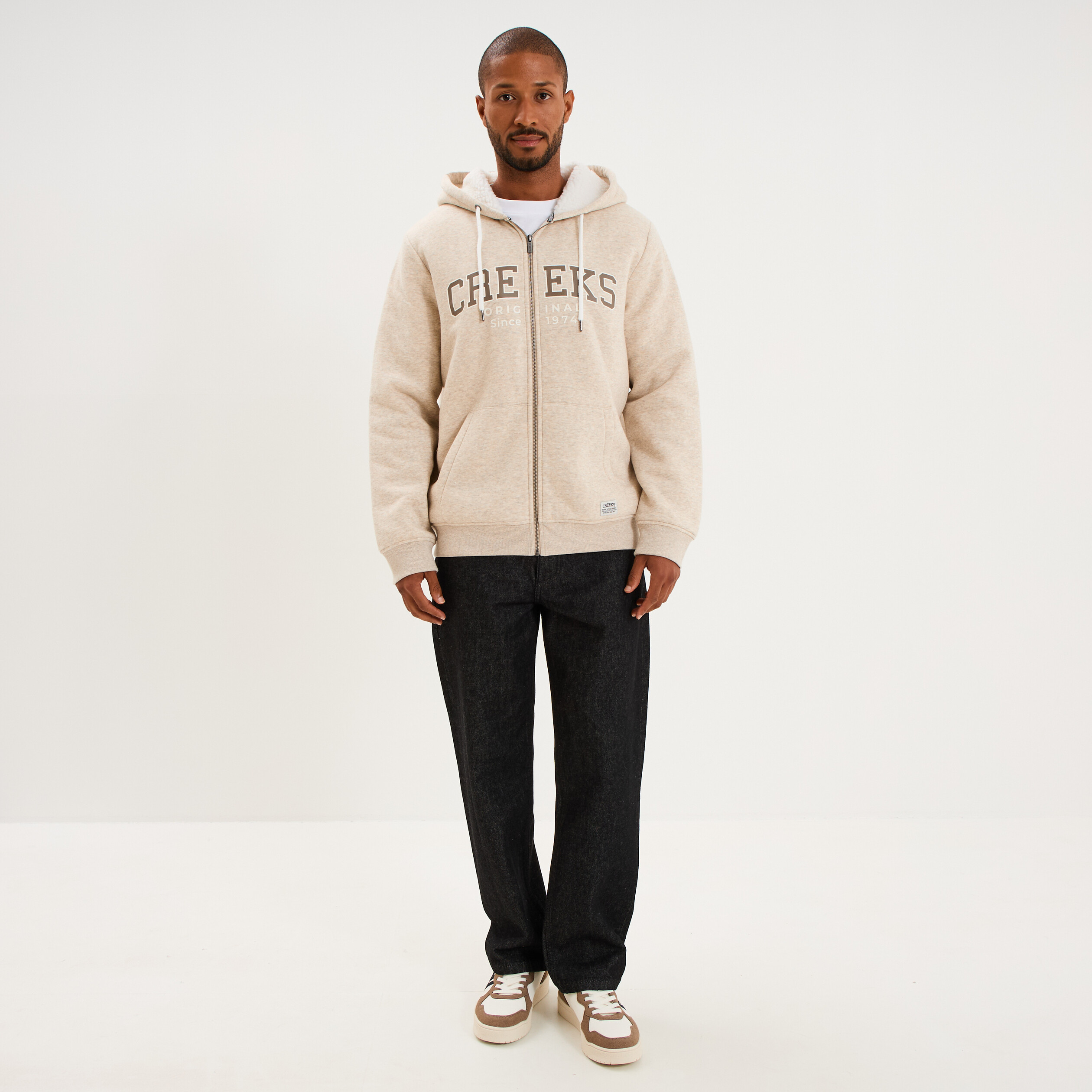 Sweat zipp&eacute; &agrave; capuche doubl&eacute; polaire beige homme