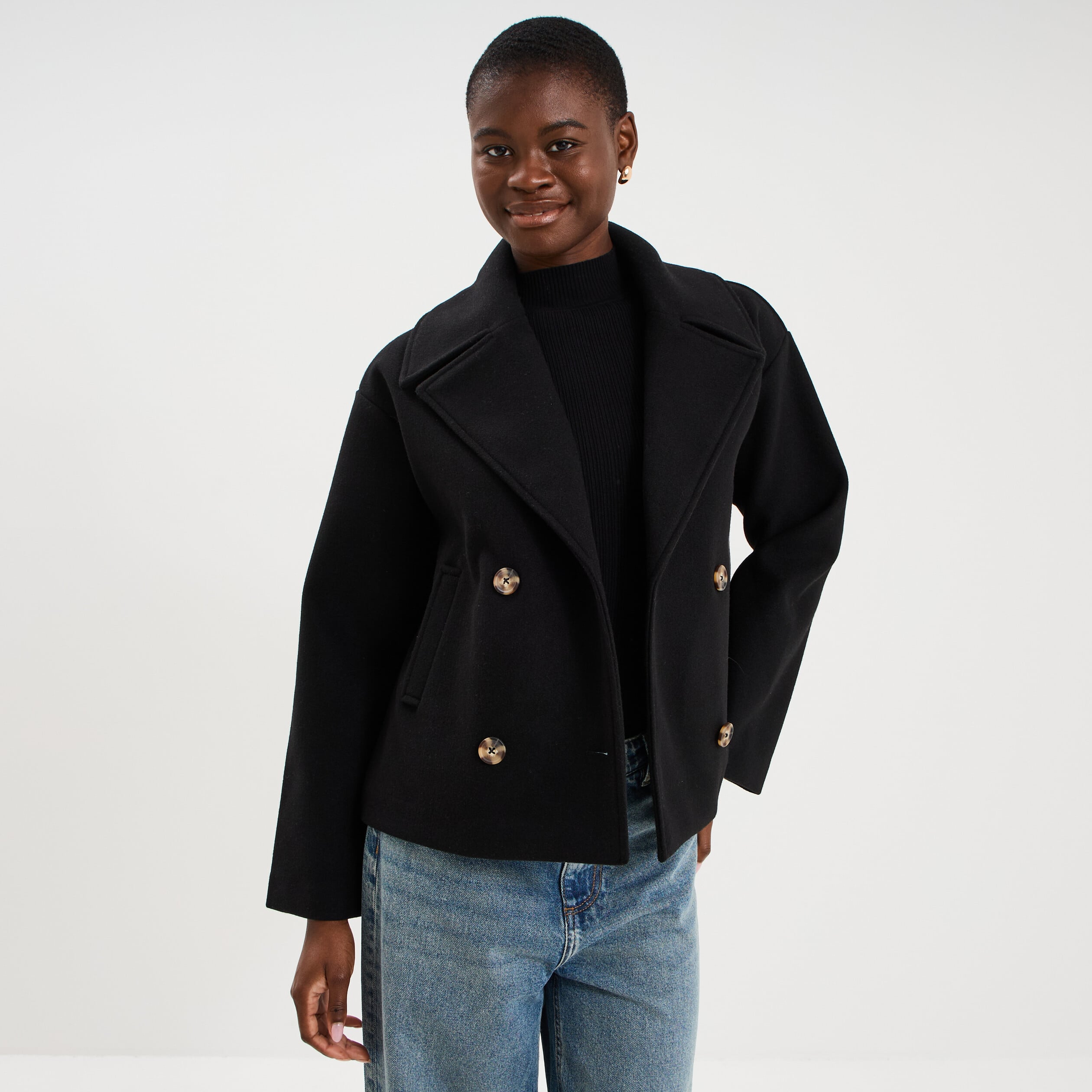 Manteau court double boutonnage noir femme