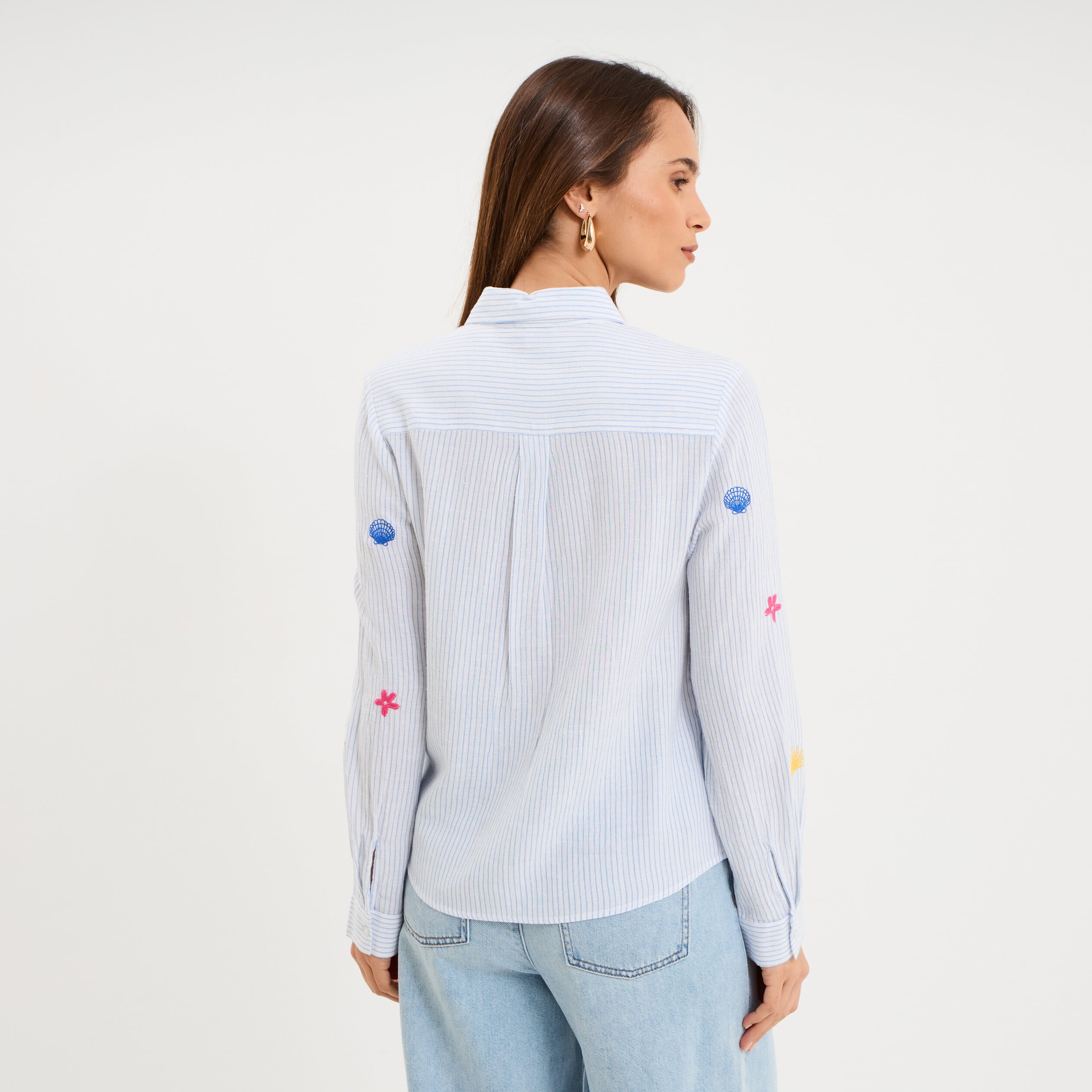 Chemise brod&eacute;e manches longues blanc femme