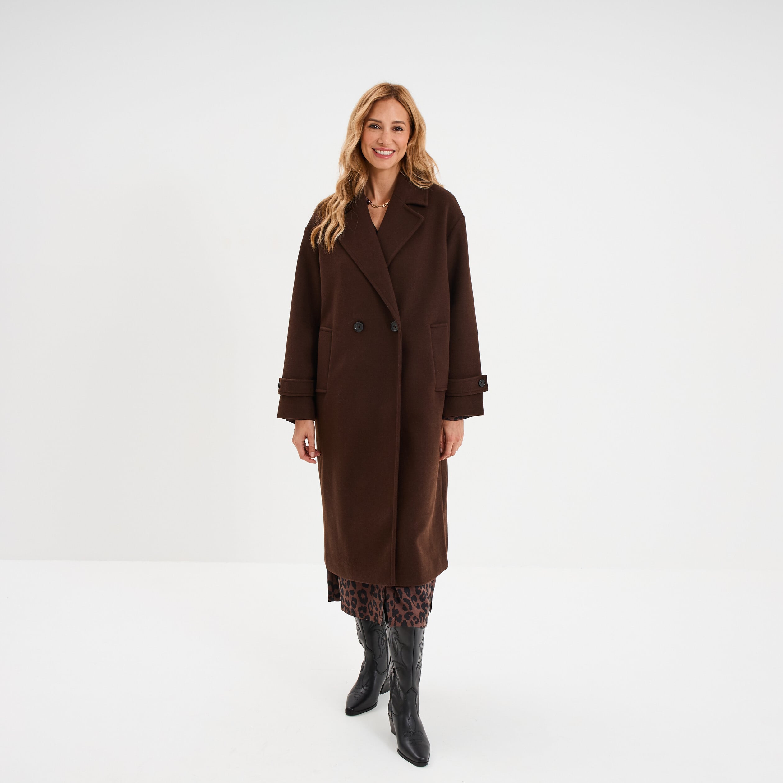 Manteau long boutonn&eacute; marron fonc&eacute; femme