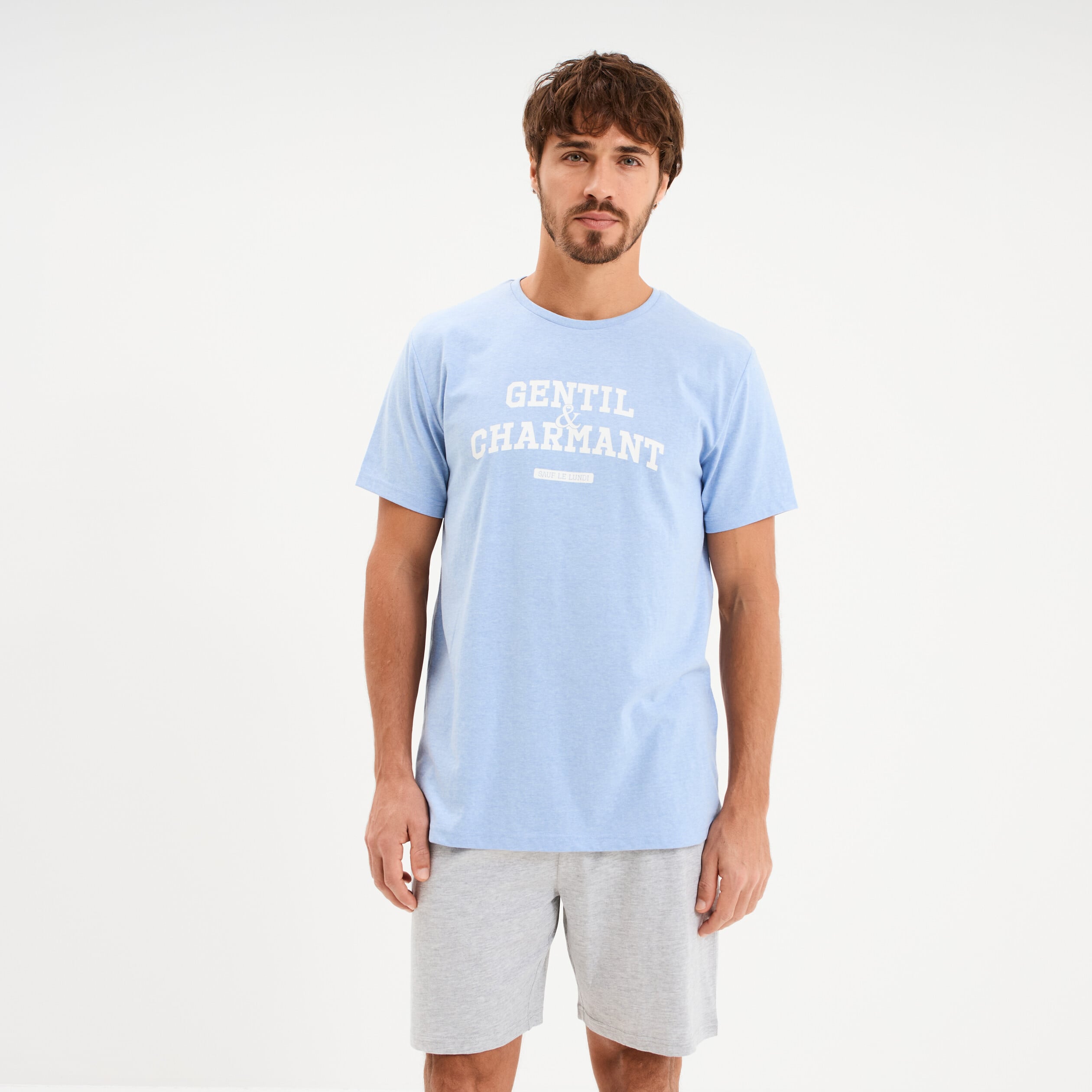 Ensemble pyjama short 2 pi&egrave;ces bleu ciel homme