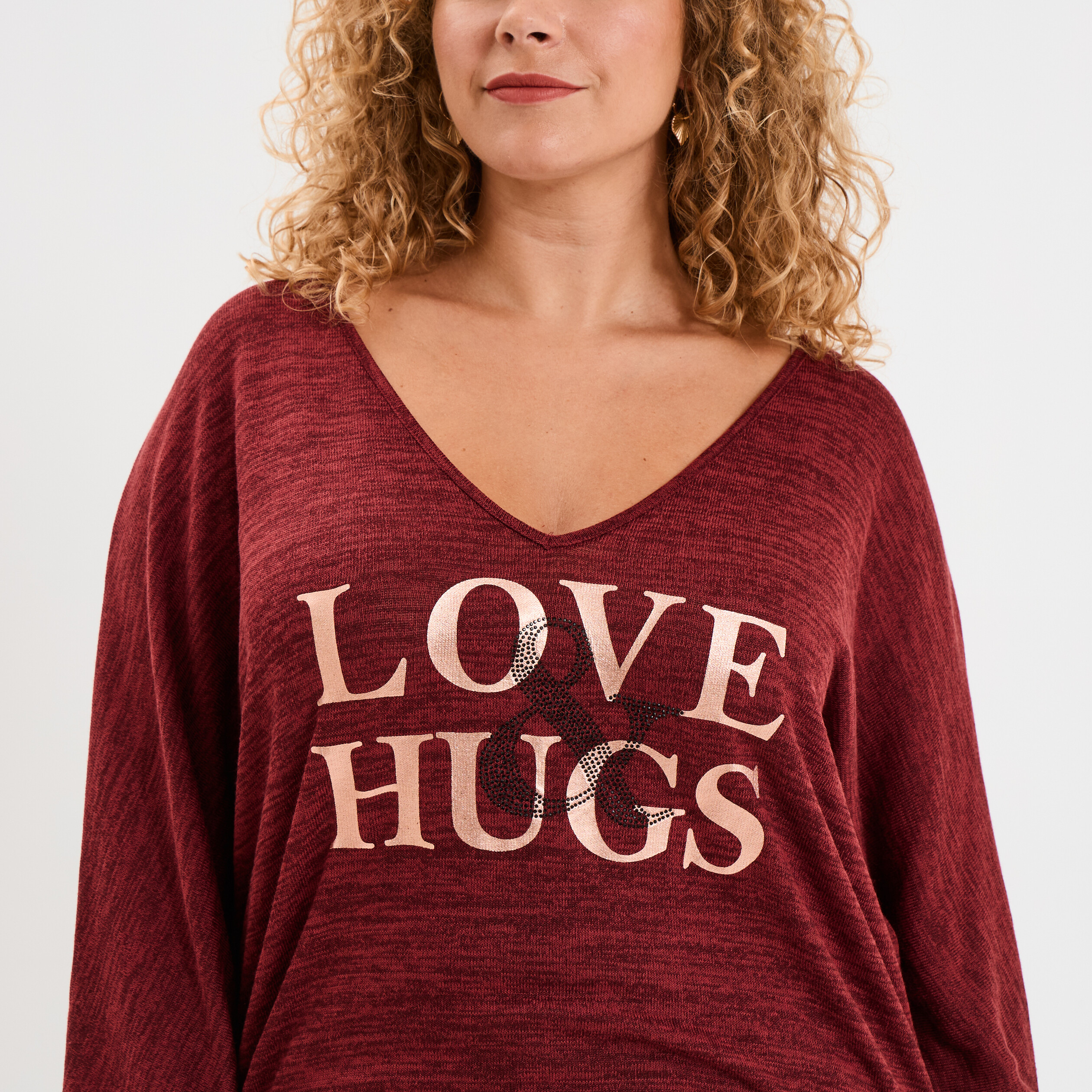 pull manches 34 chauve souris col v bordeaux femmegt Pull manches 3/4 chauve-souris col V bordeaux femme grande taille