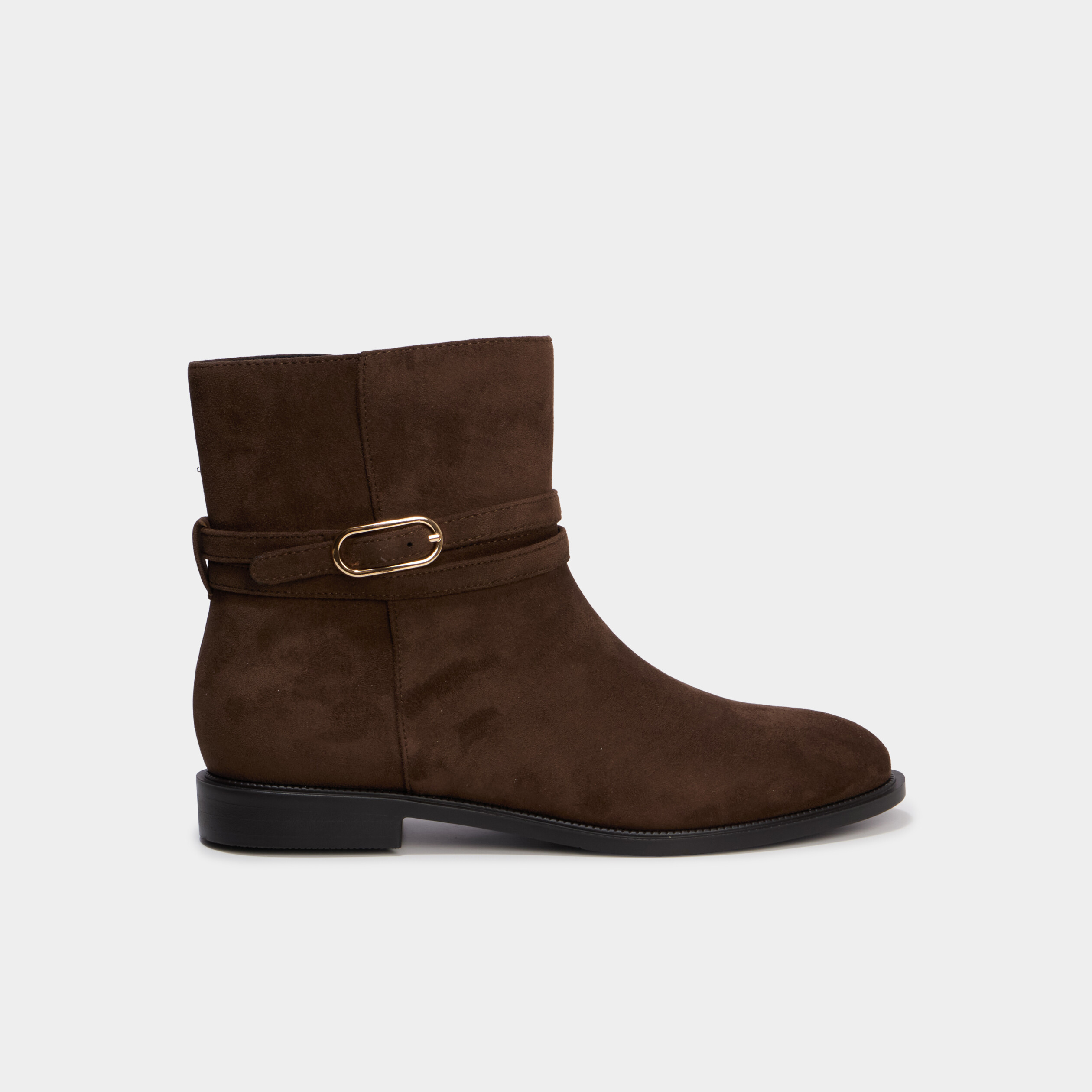 Bottines plates &agrave; boucle en su&eacute;dine taupe femme