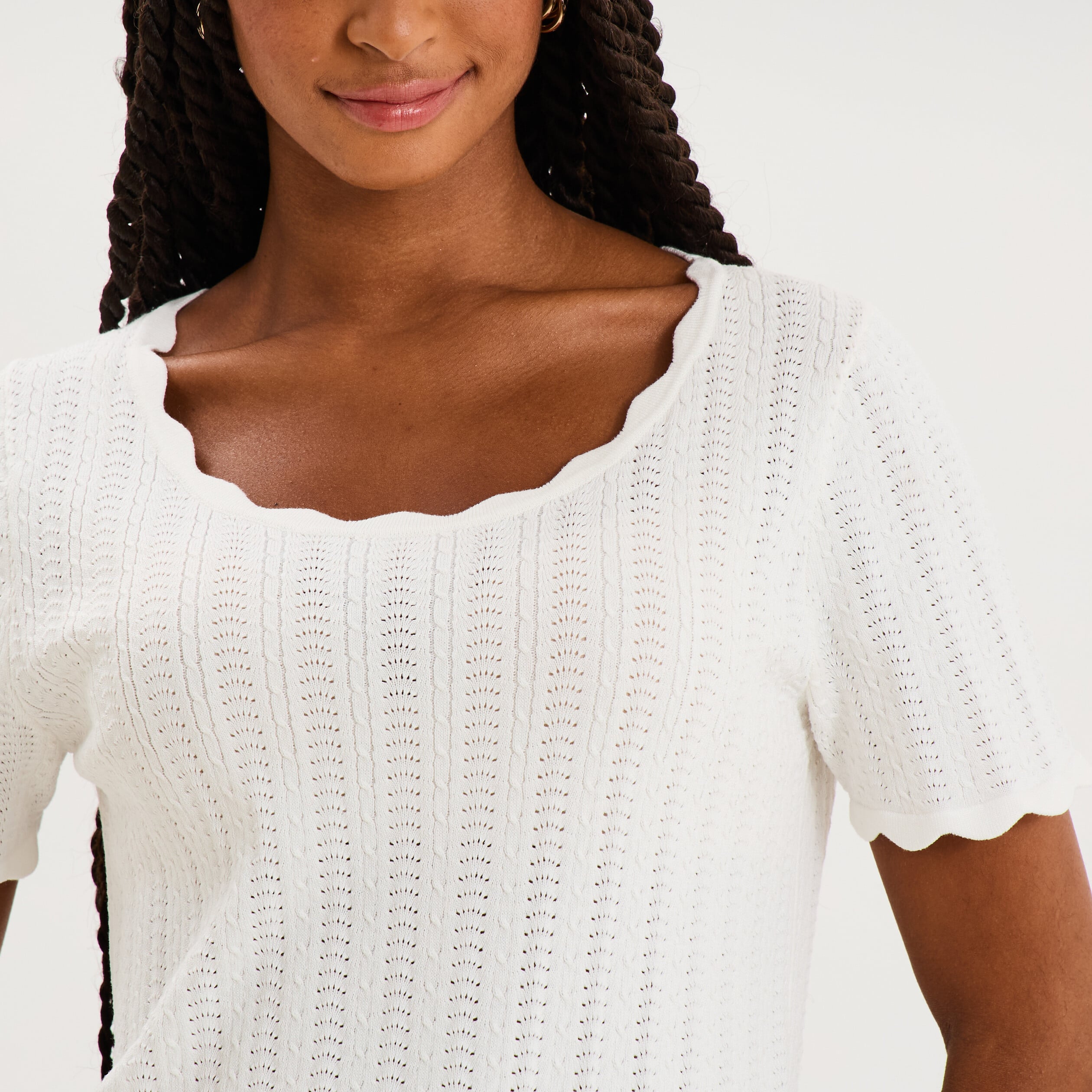 Pull col rond textur&eacute; manches courtes blanc femme