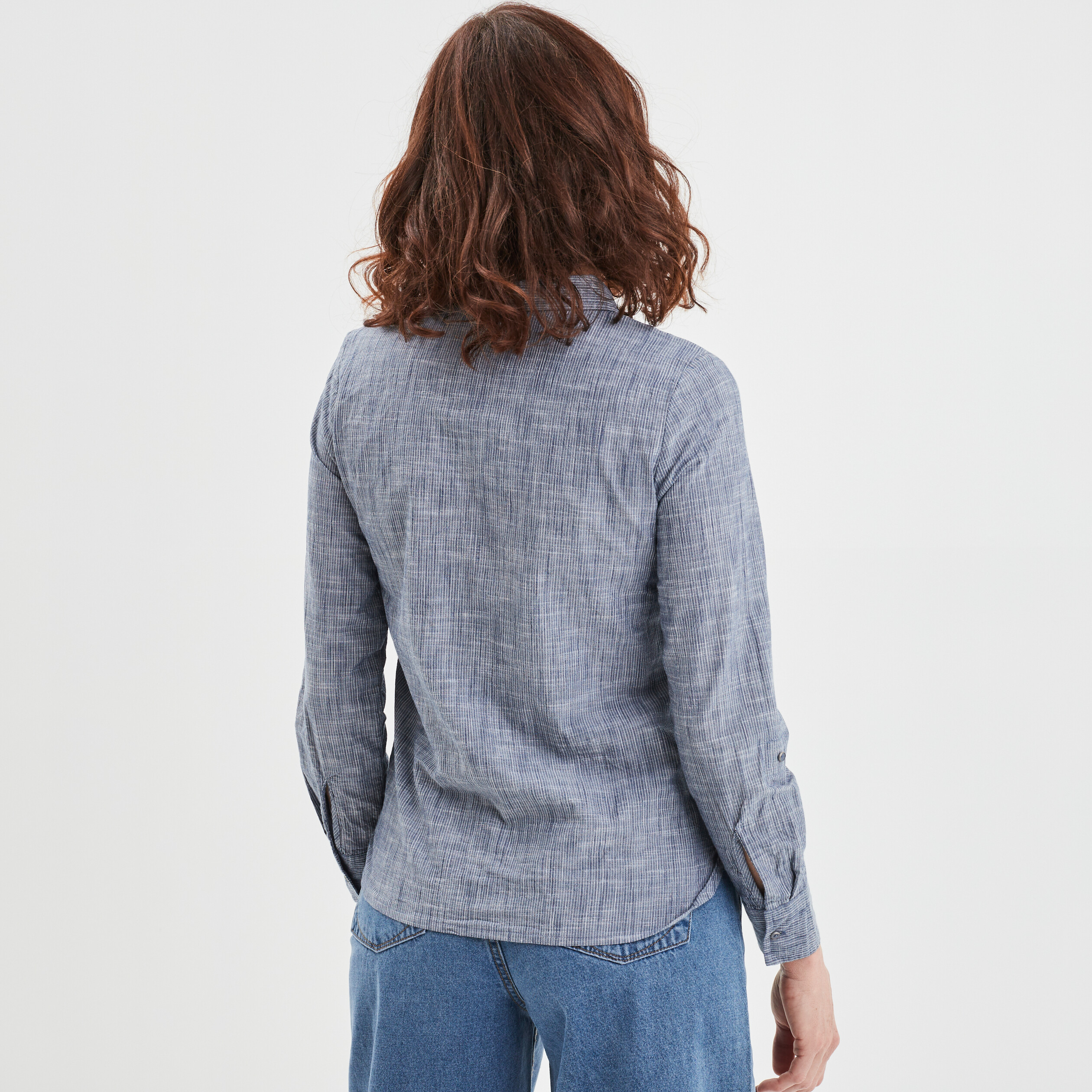 Chemise IKKS Femme Manches Longues Bleue En Velours Et Coton - Taille 38, Motif Carreaux, Occasion Très Bon état