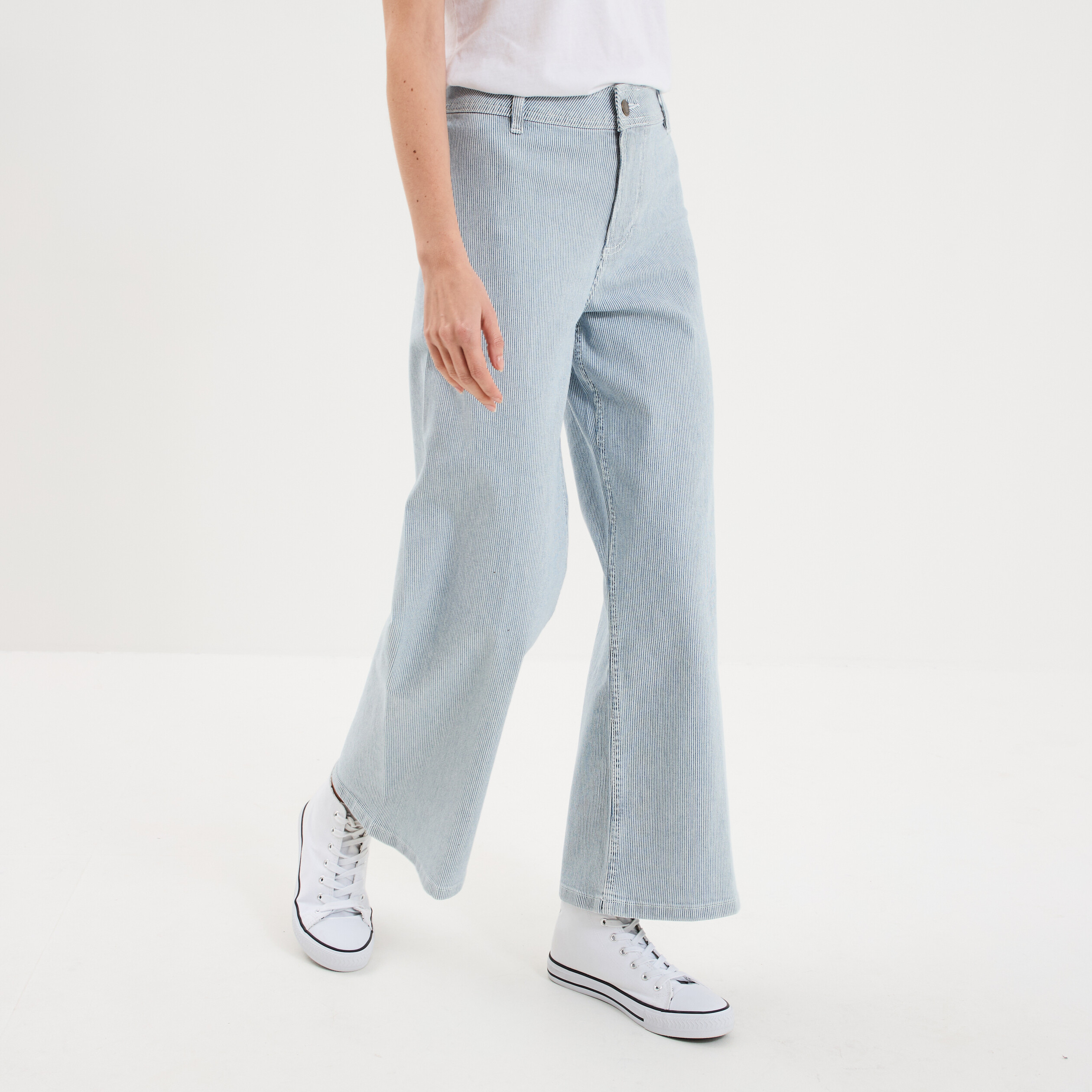 Pantalon flare cropped taille haute blanc femme
