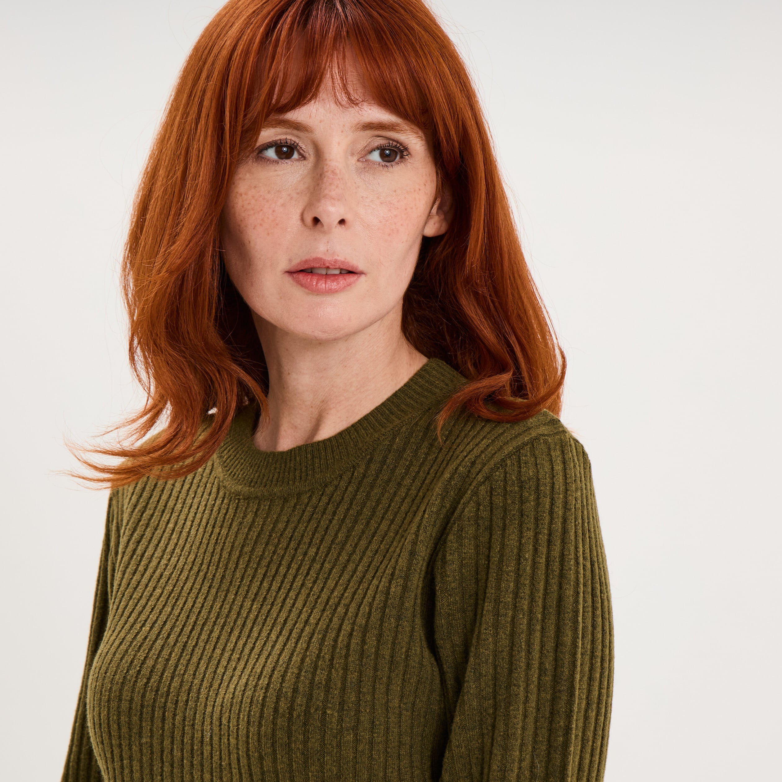 Robe tricot c&ocirc;tel&eacute;e manches longues vert kaki femme
