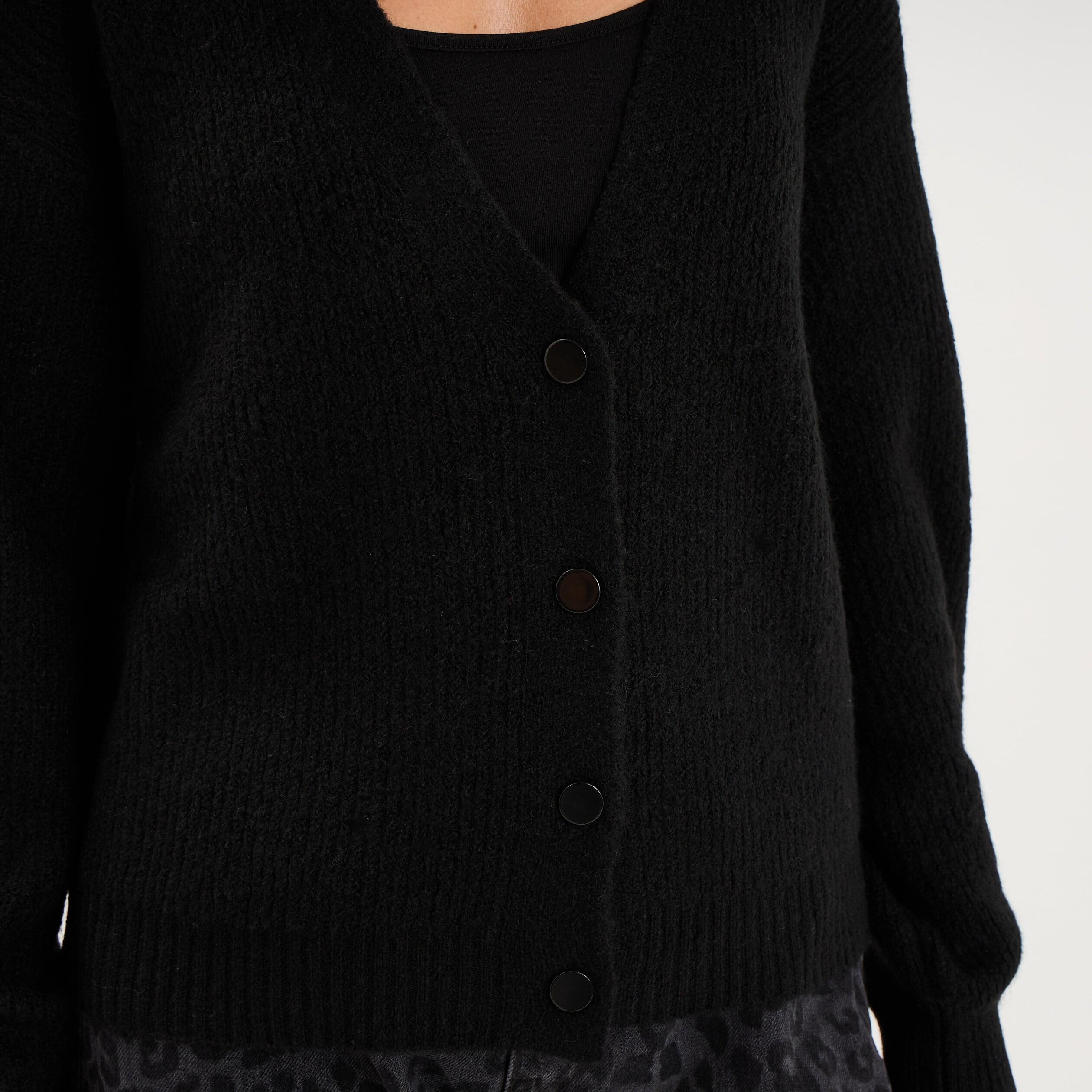 Gilet col en V manches longues ballon noir femme