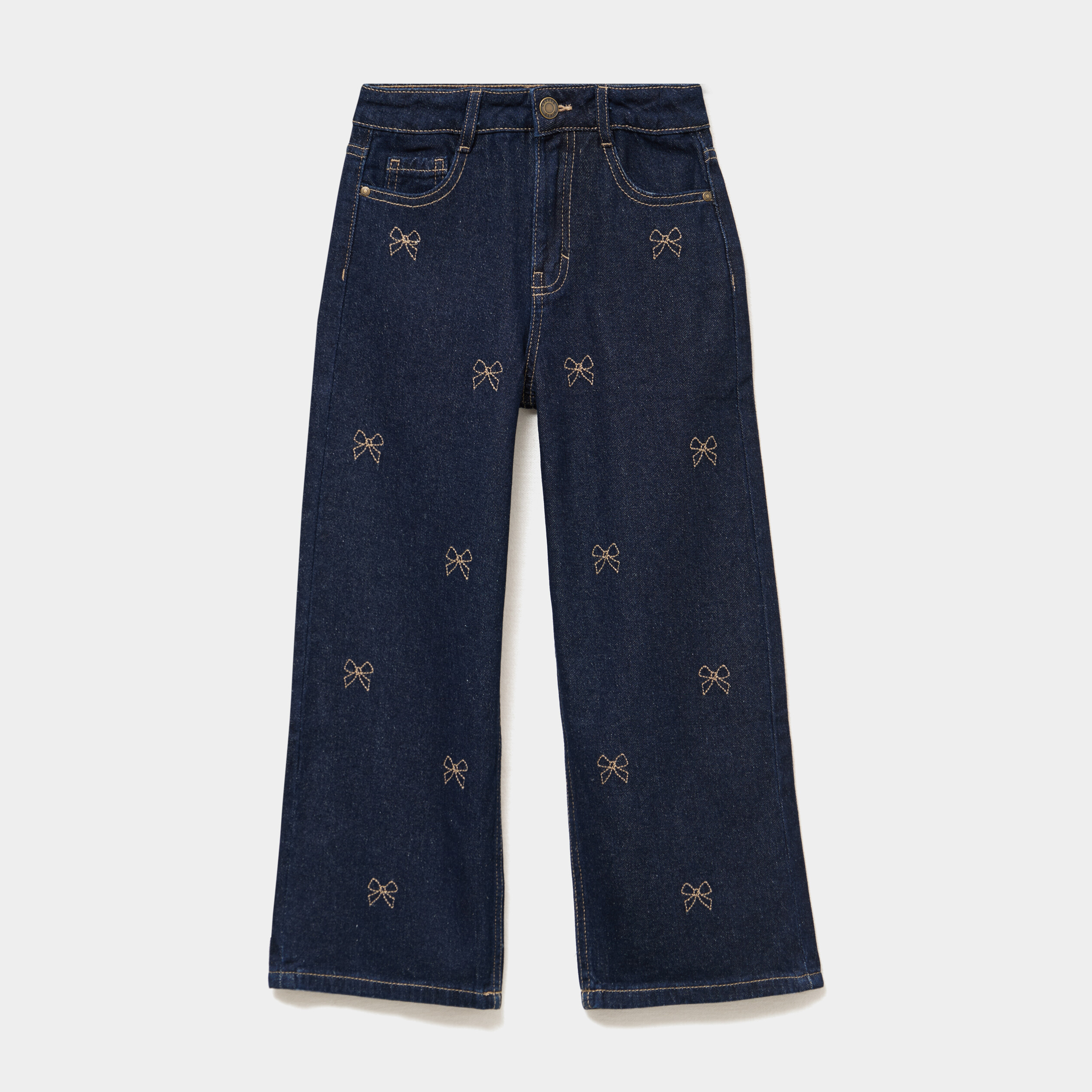 Jean large brod&eacute; noeud coton denim brut fille