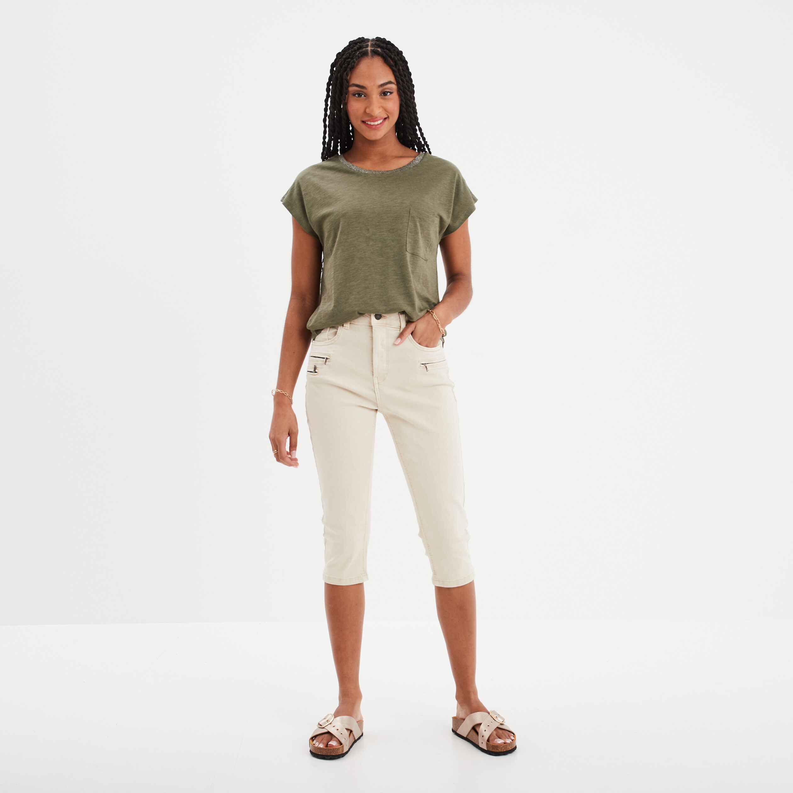 pantacourt slim details zippes liberto ecru femme Pantacourt slim détails zippés Liberto ecru femme