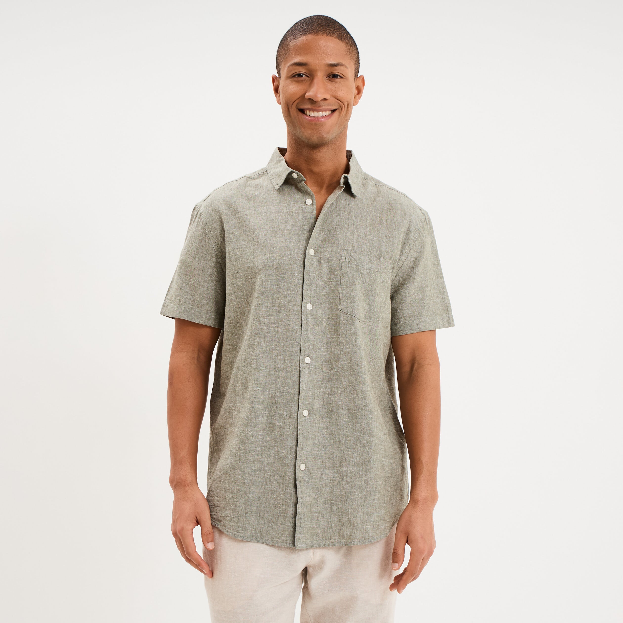 Chemise manches courtes lin m&eacute;lang&eacute; vert kaki homme