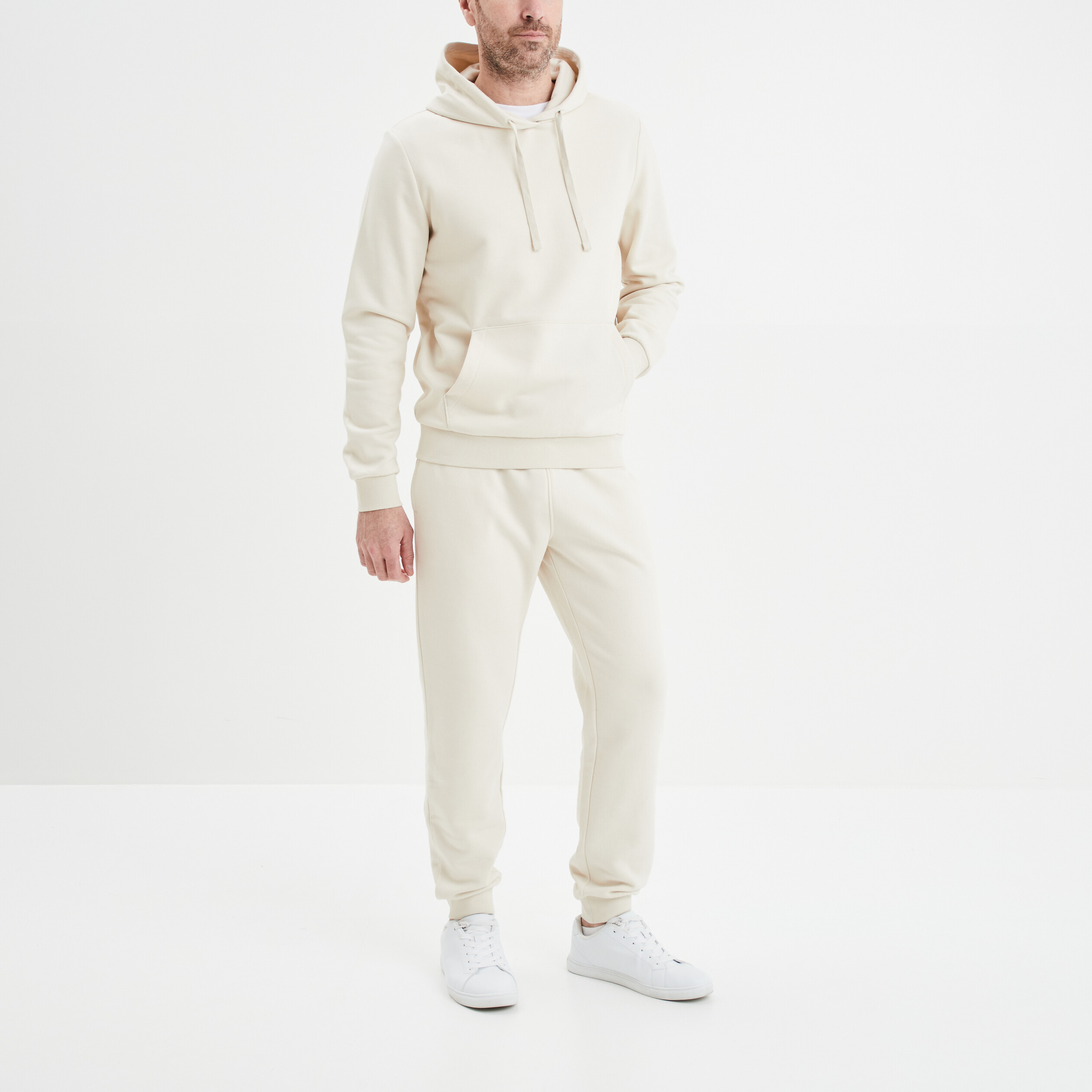 Sweat molleton &agrave; capuche hoodie ecru homme