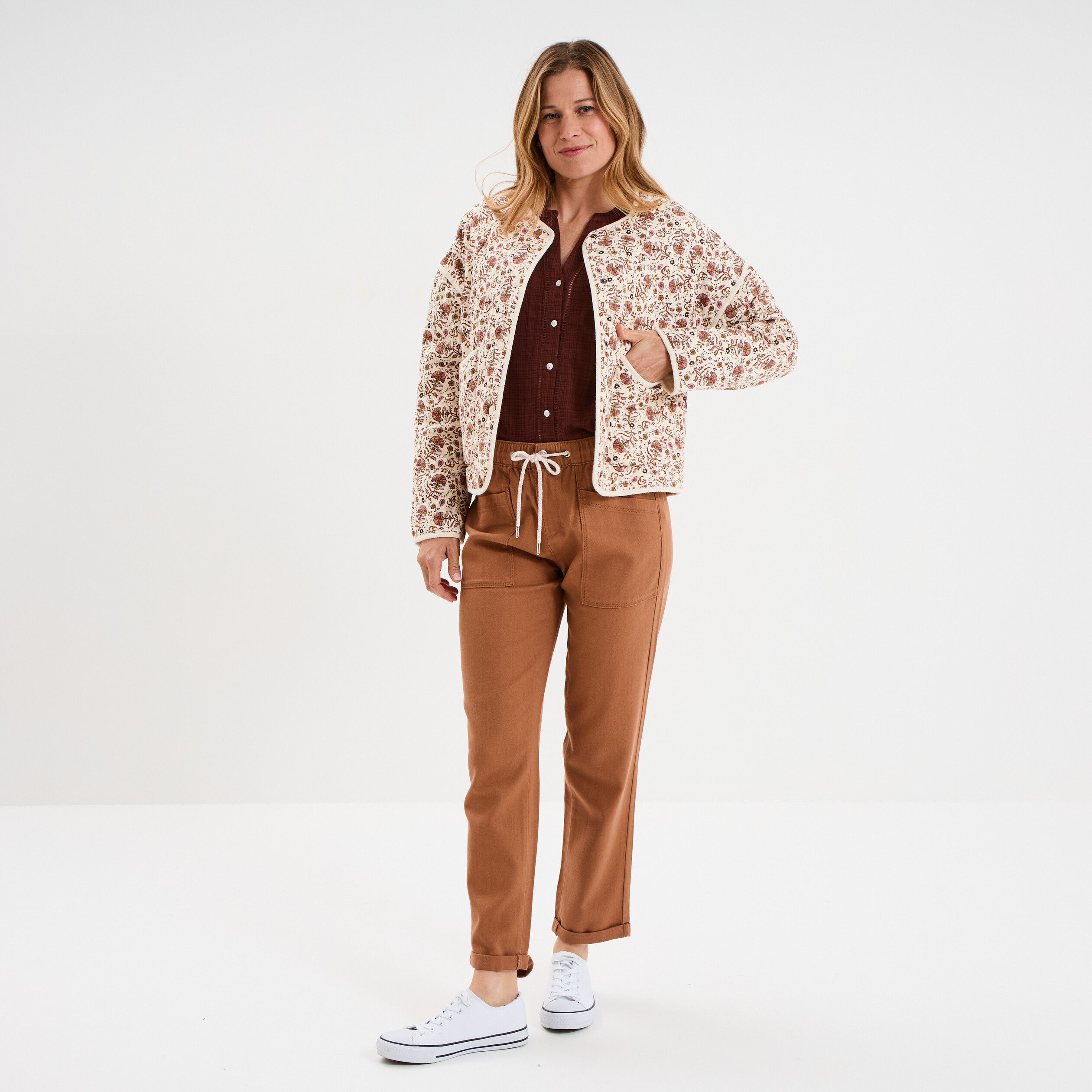 pantalon droit taille elastiquee marron clair femme Pantalon droit taille élastiquée marron clair femme