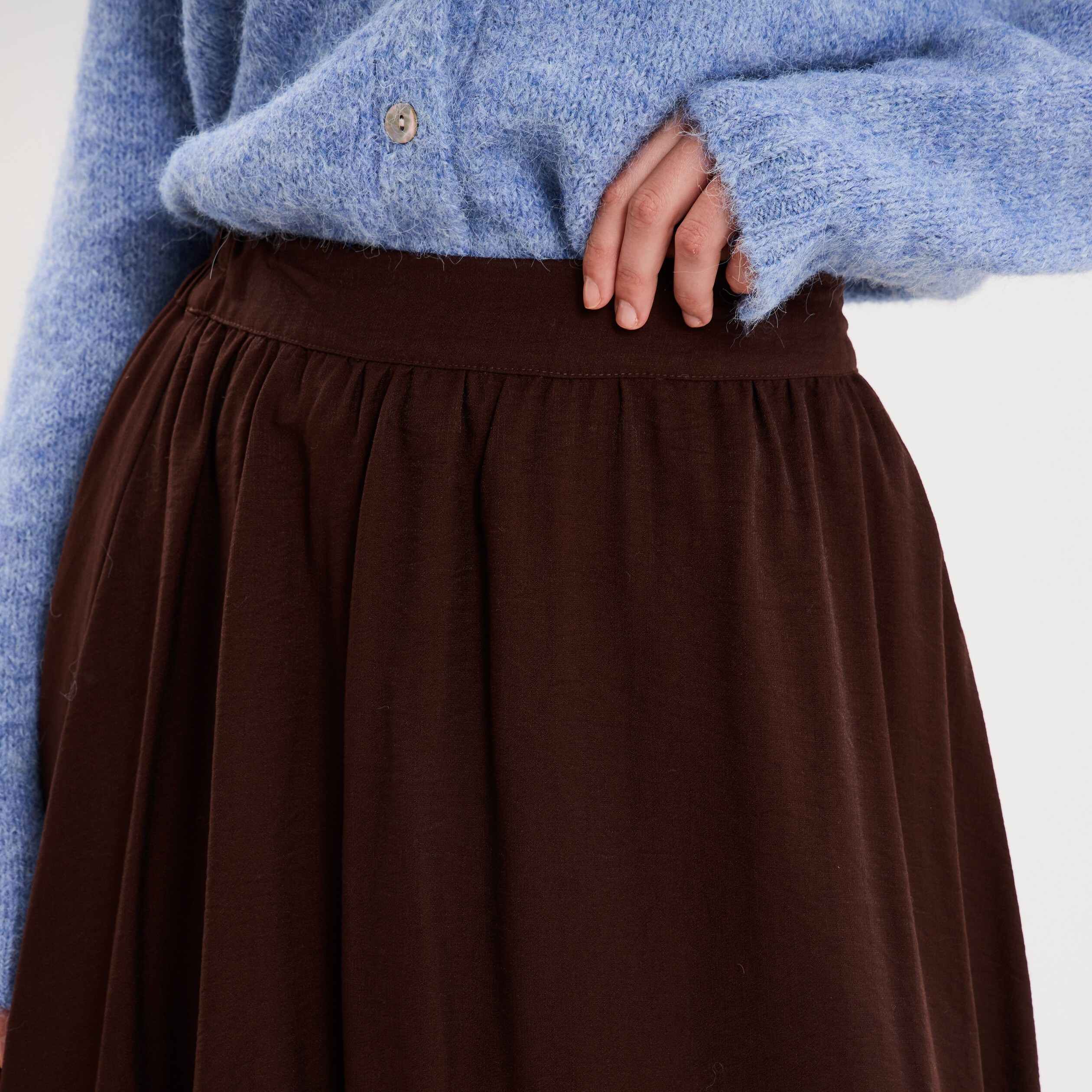 Jupe longue &eacute;vas&eacute;e taille &eacute;lastiqu&eacute;e marron fonc&eacute; femme
