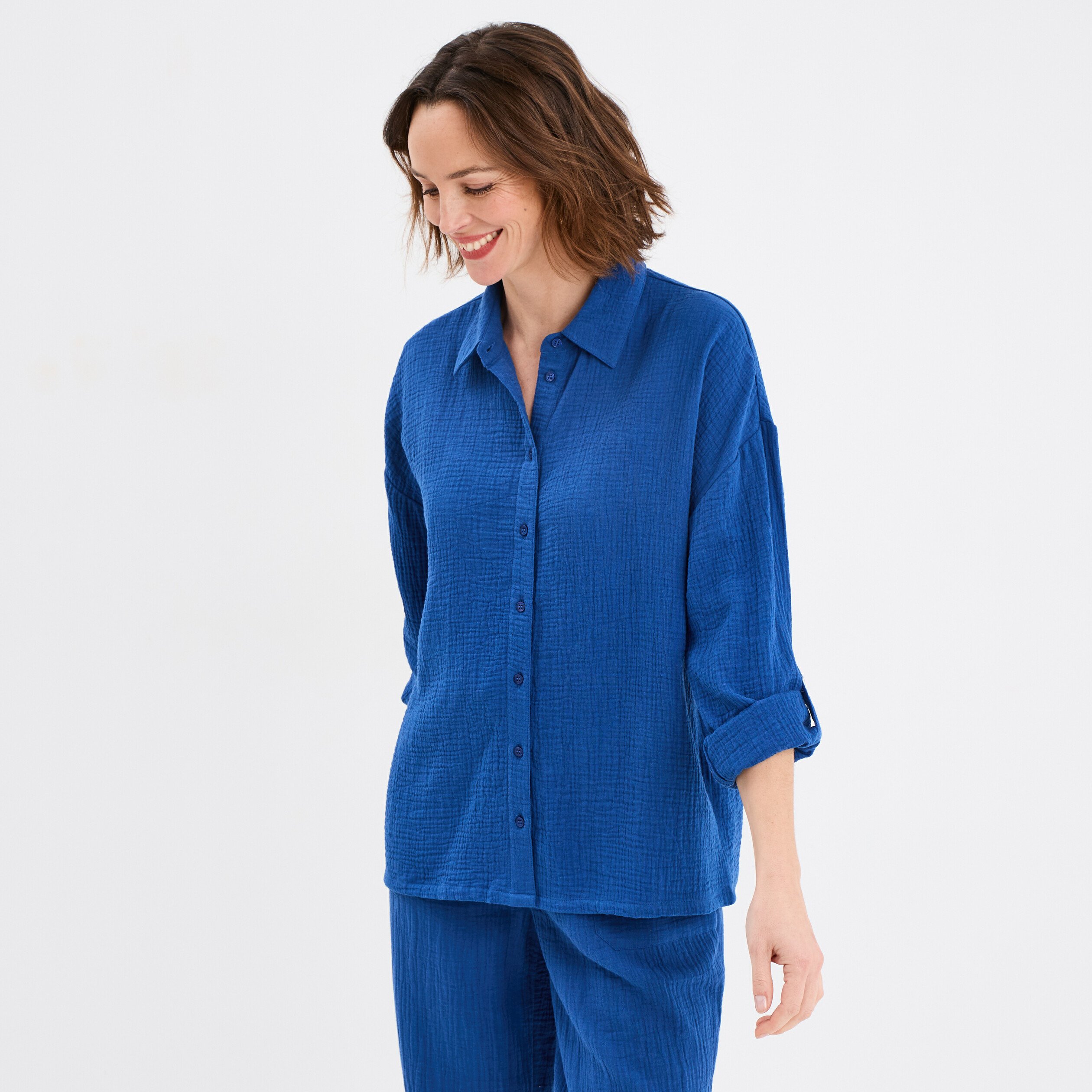 chemise manches longues en gaze de coton bleu marine femme Chemise manches longues en gaze de coton bleu marine femme