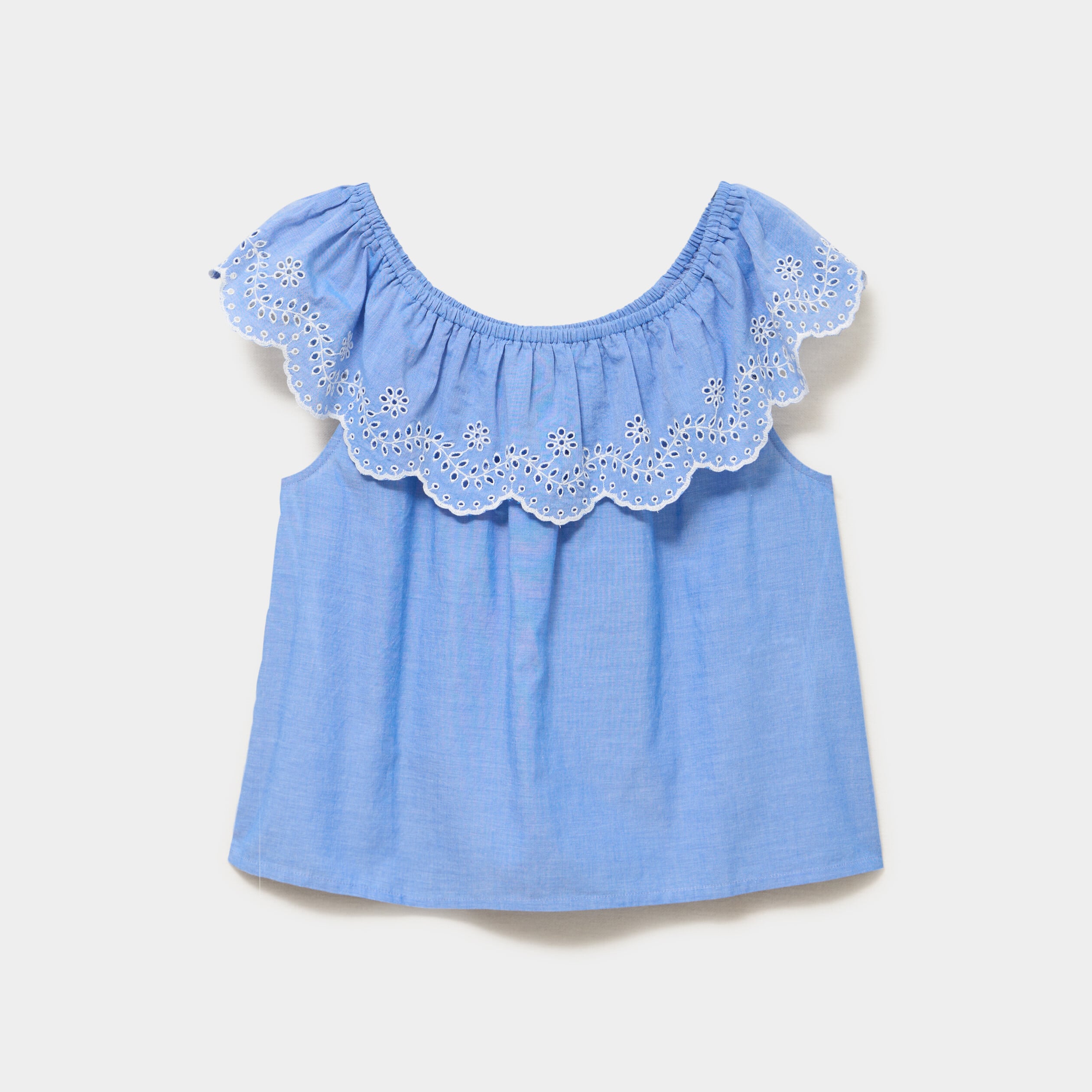 Blouse col bardot broderie anglaise bleu clair femme