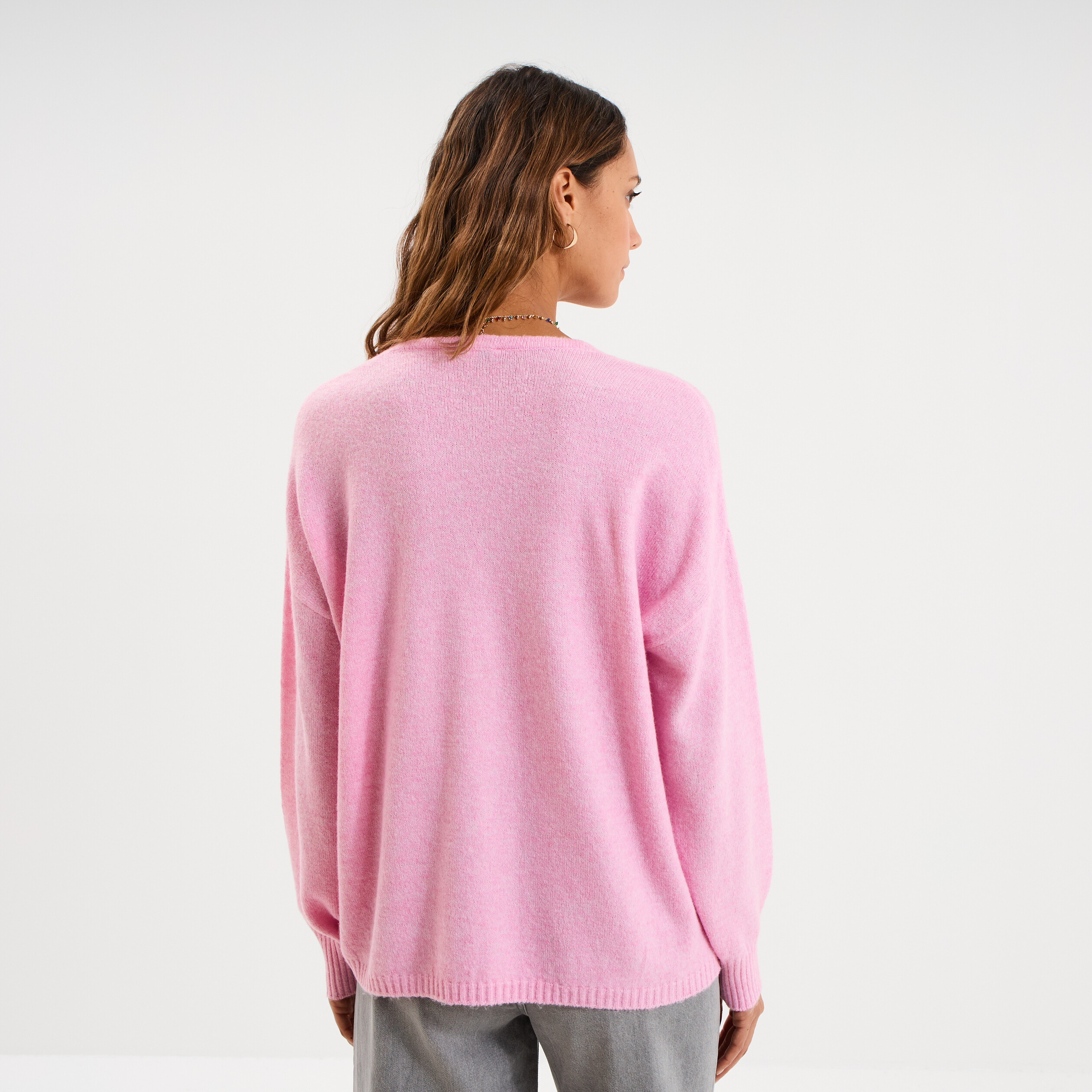 Pull col en V manches longues rose femme