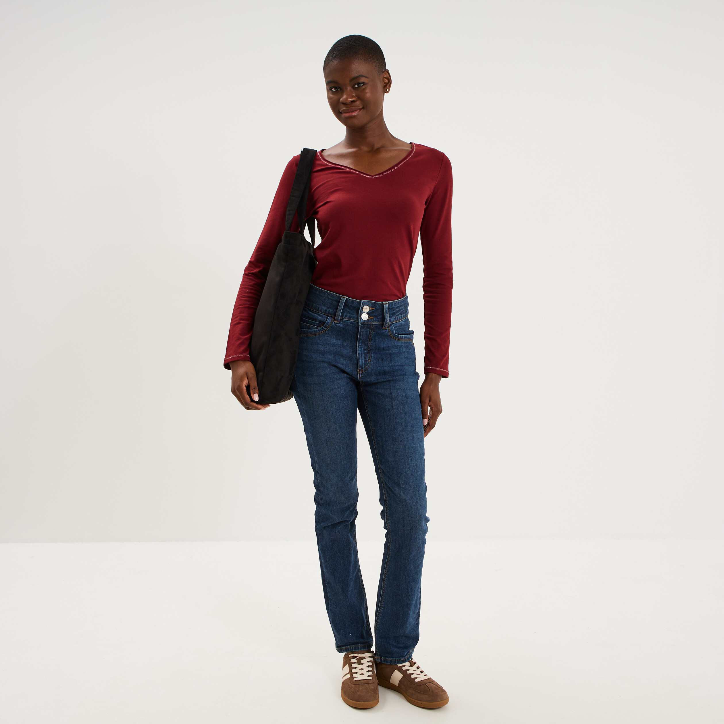 T-shirt manches longues col en V coton bordeaux femme