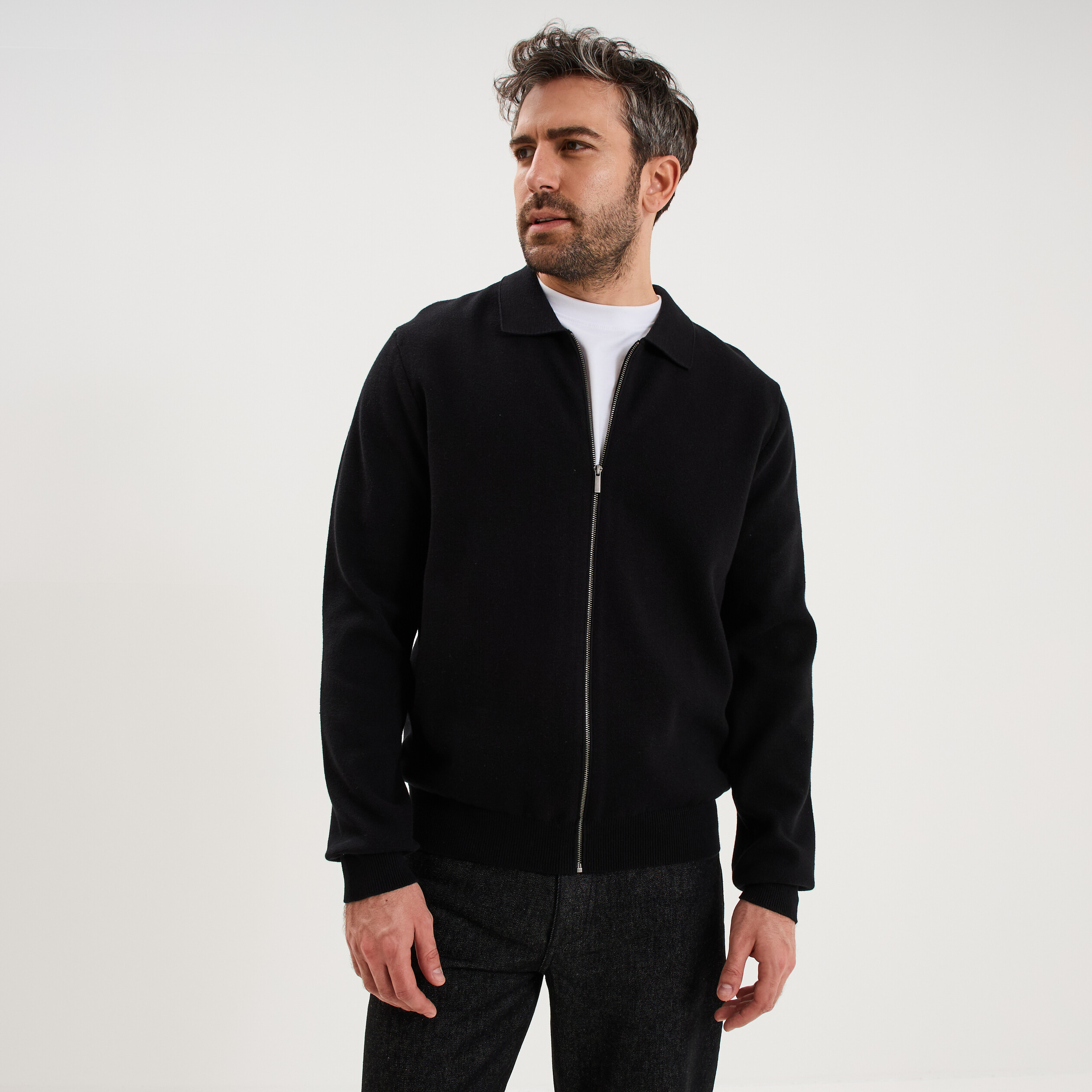 Gilet zipp&eacute; en maille manches longues noir homme