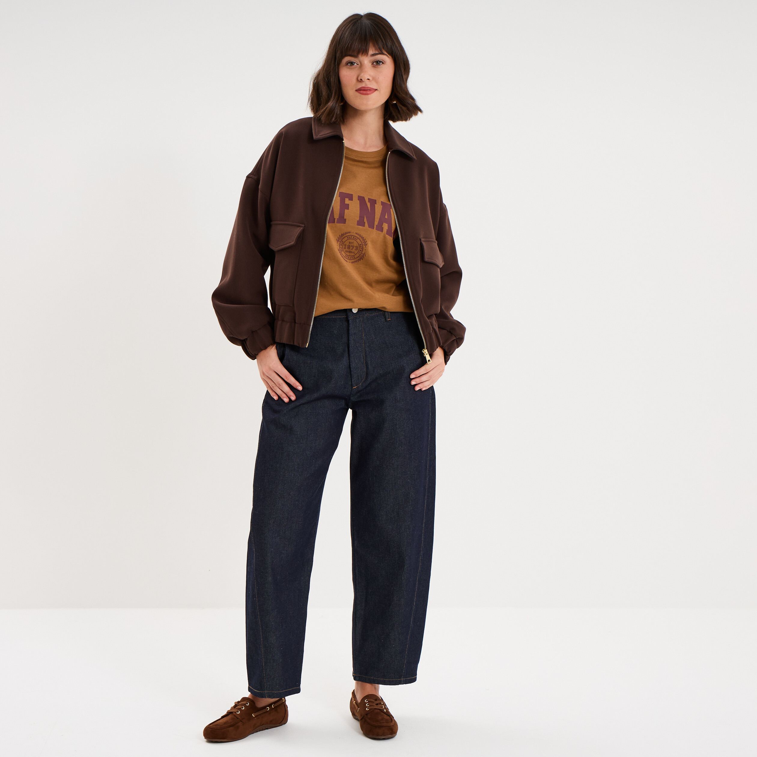 T-shirt col rond manches courtes print marron clair femme
