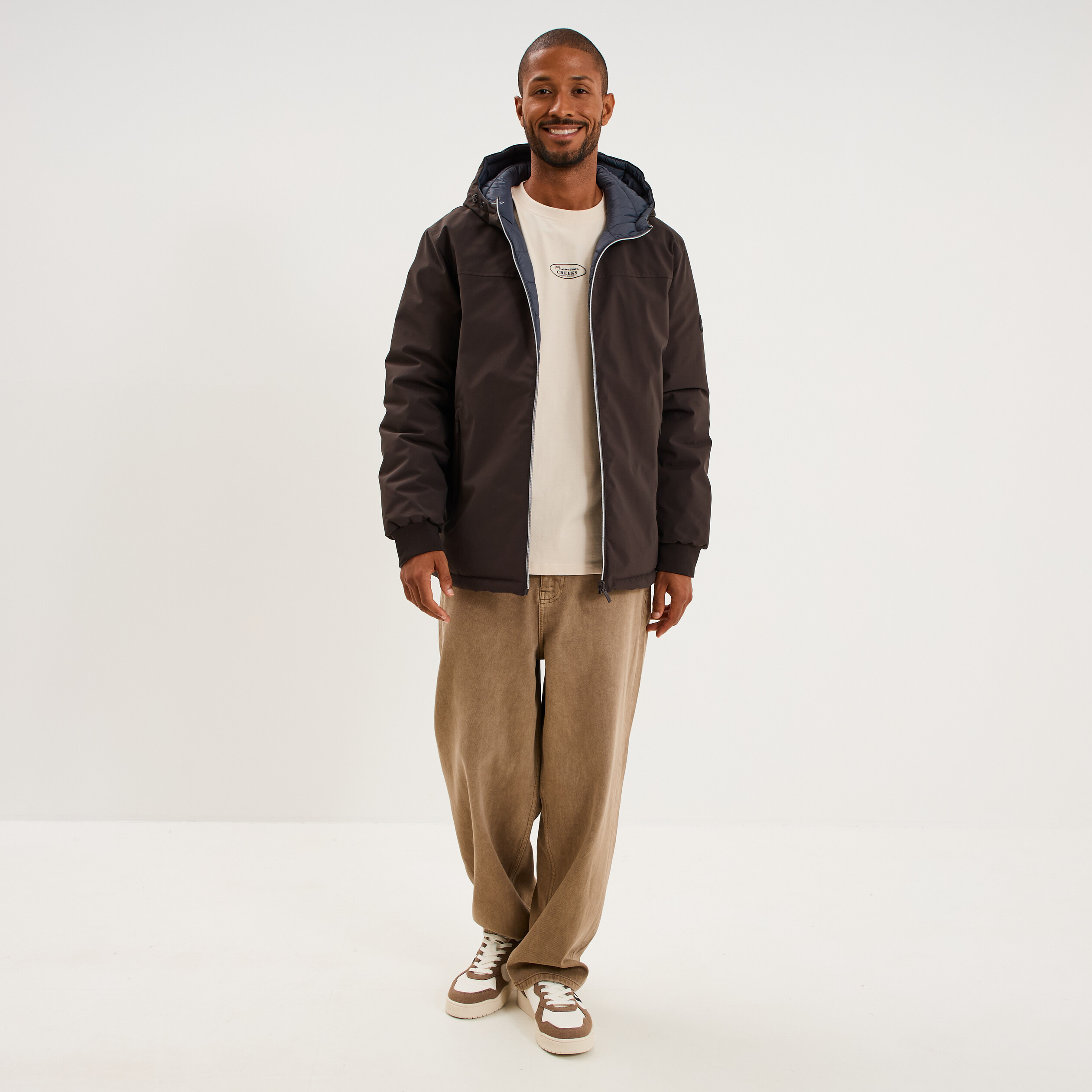 Blouson r&eacute;versible &agrave; capuche zipp&eacute; marron fonc&eacute; homme