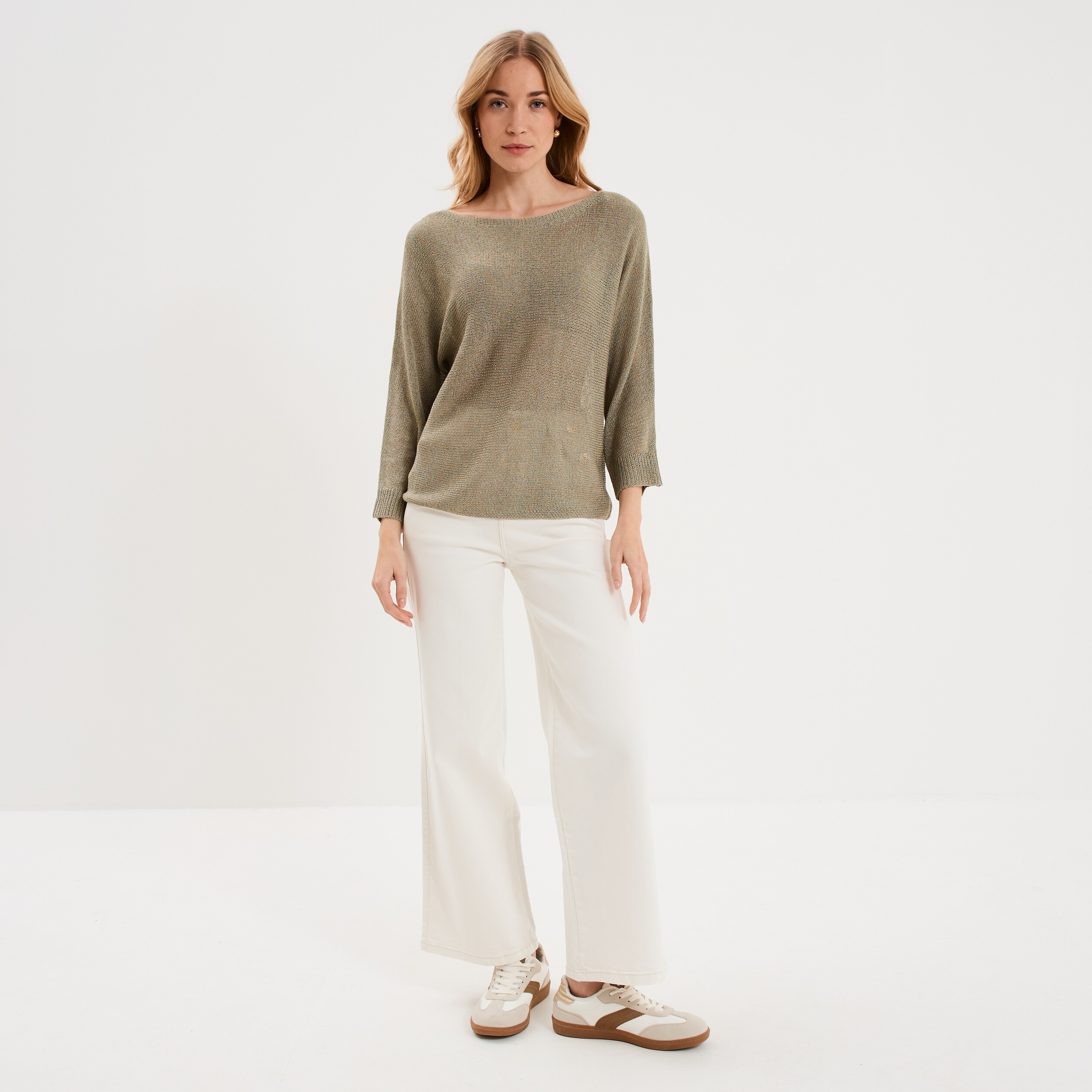 Pull droit col rond manches longues vert kaki femme