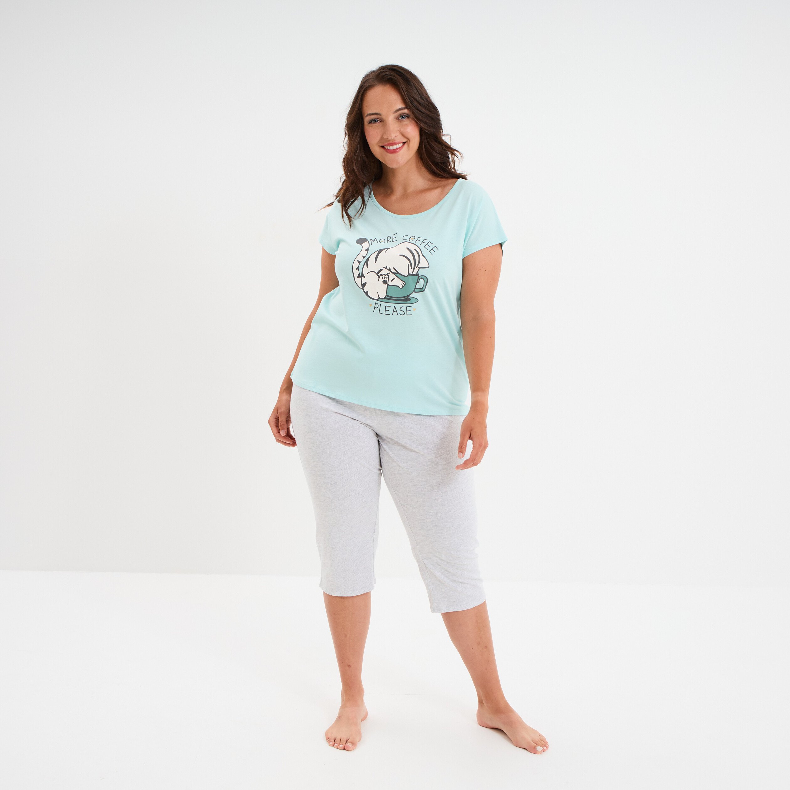 ensemble pyjama corsaire coton bleu turquoise femmegt Ensemble pyjama corsaire coton bleu turquoise femme grande taille