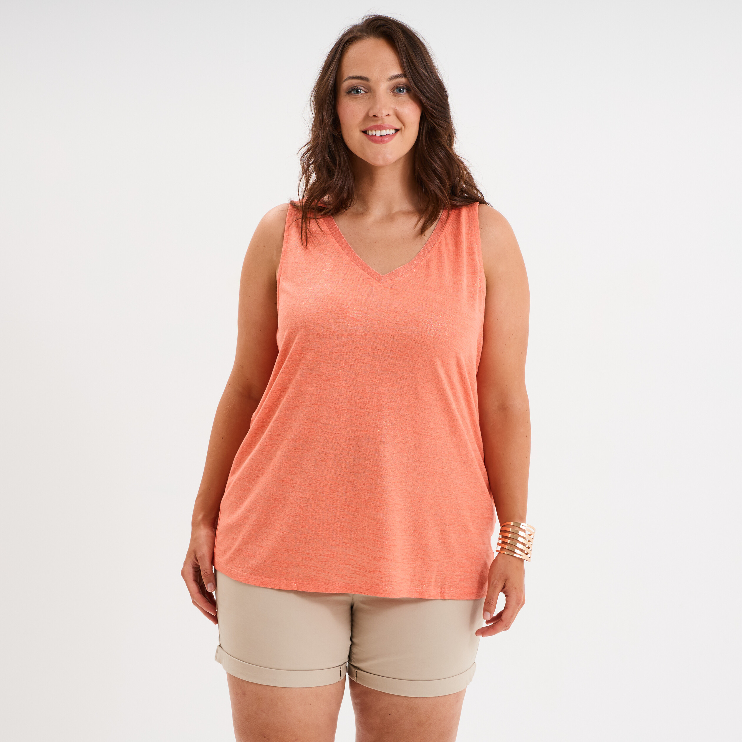 debardeur droit col en v sans manches rose corail femmegt Débardeur droit col en V sans manches rose corail femme grande taille