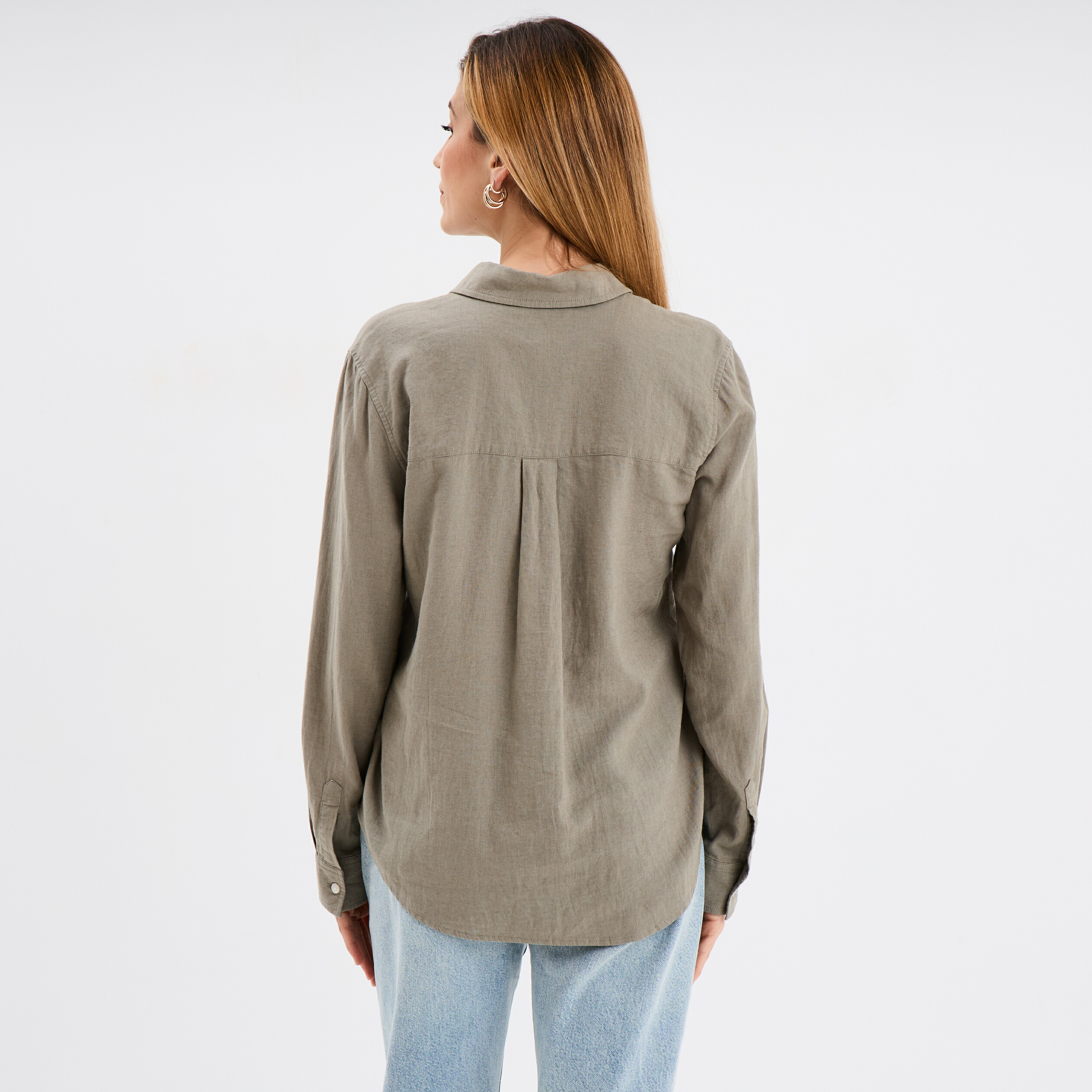 Chemise lin m&eacute;lang&eacute; manches longues vert kaki femme