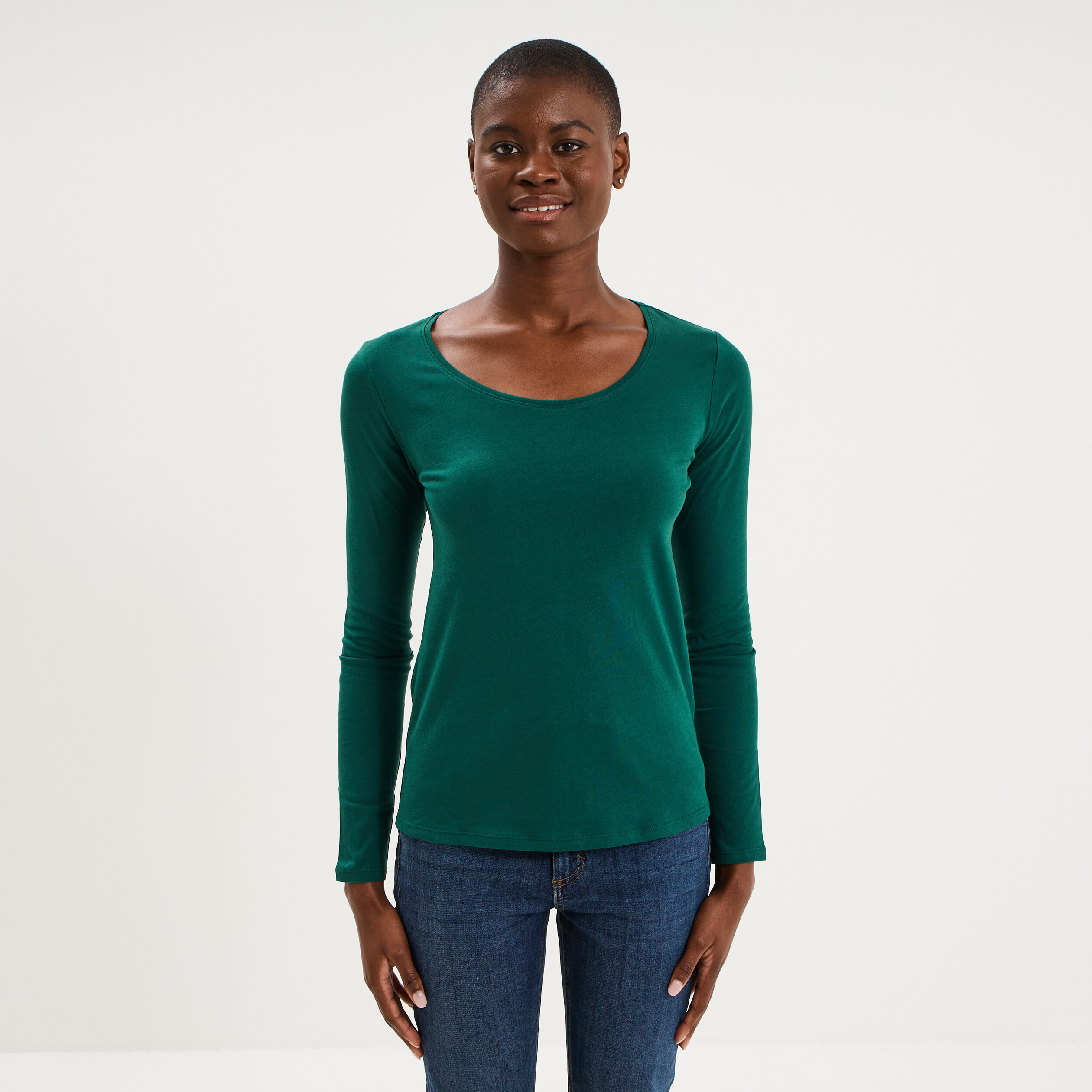 T-shirt coton col rond manches longues vert fonc&eacute; femme