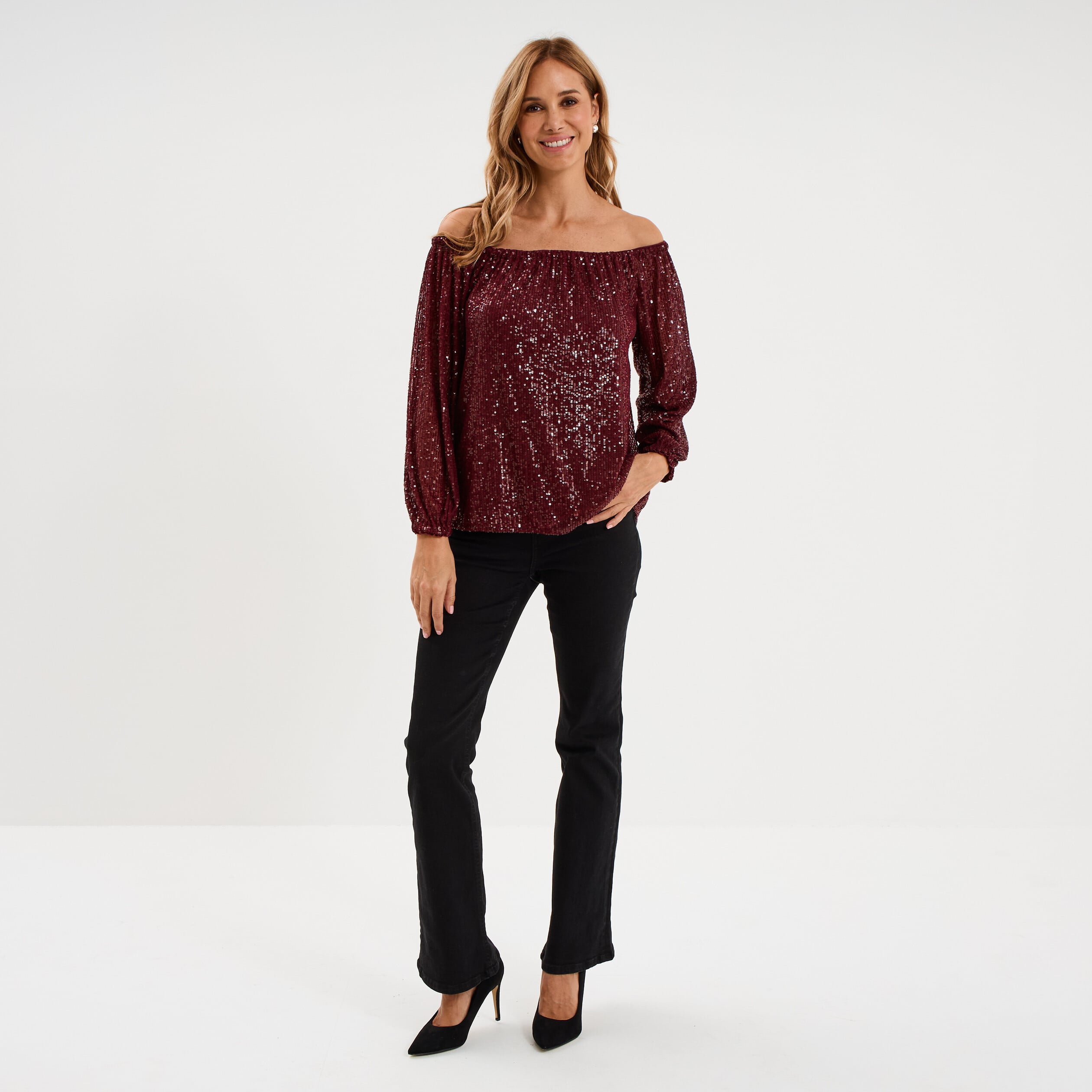 T-shirt sequins et col bardot rouge fonc&eacute; femme