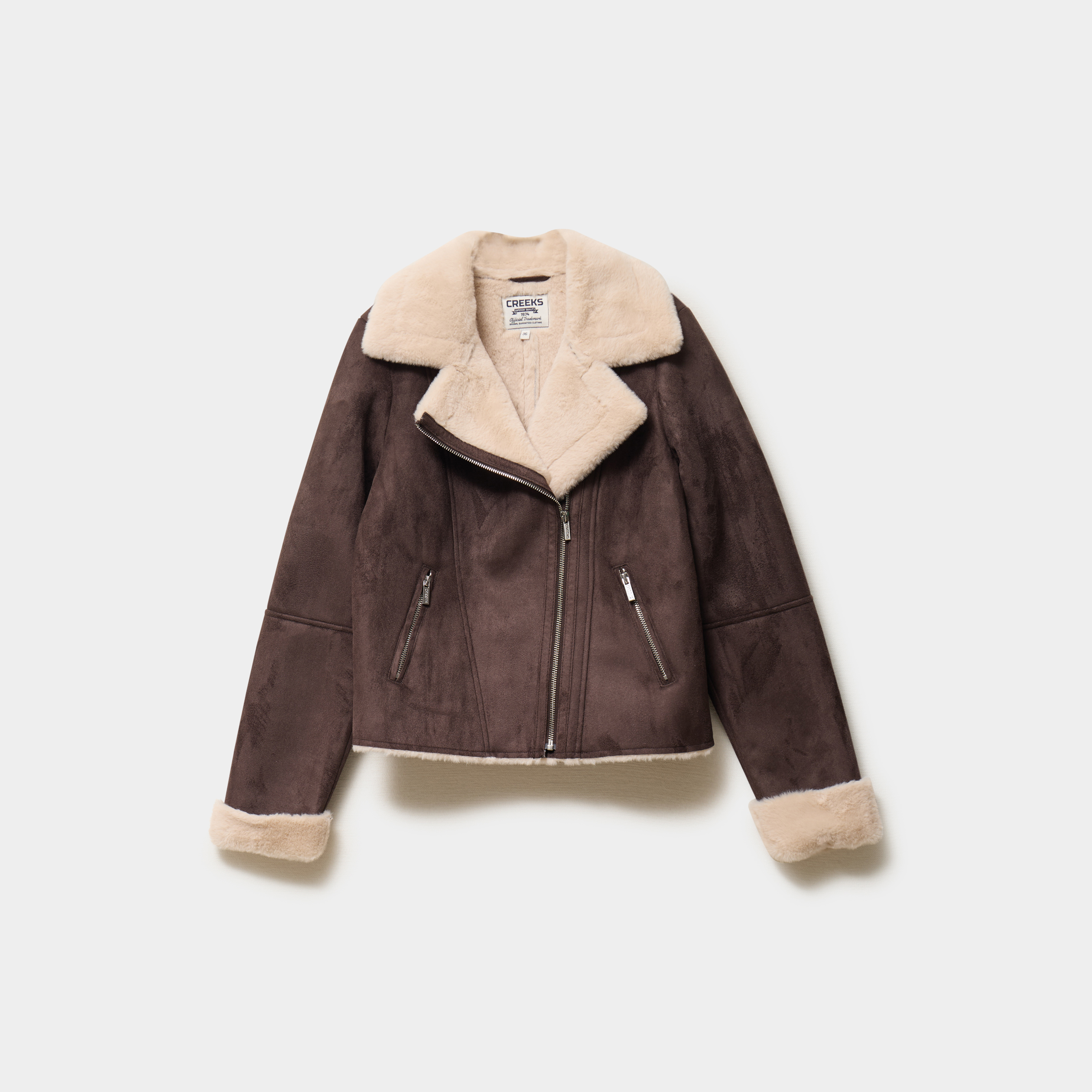 Veste col aviateur zipp&eacute;e doubl&eacute;e marron fonc&eacute; femme
