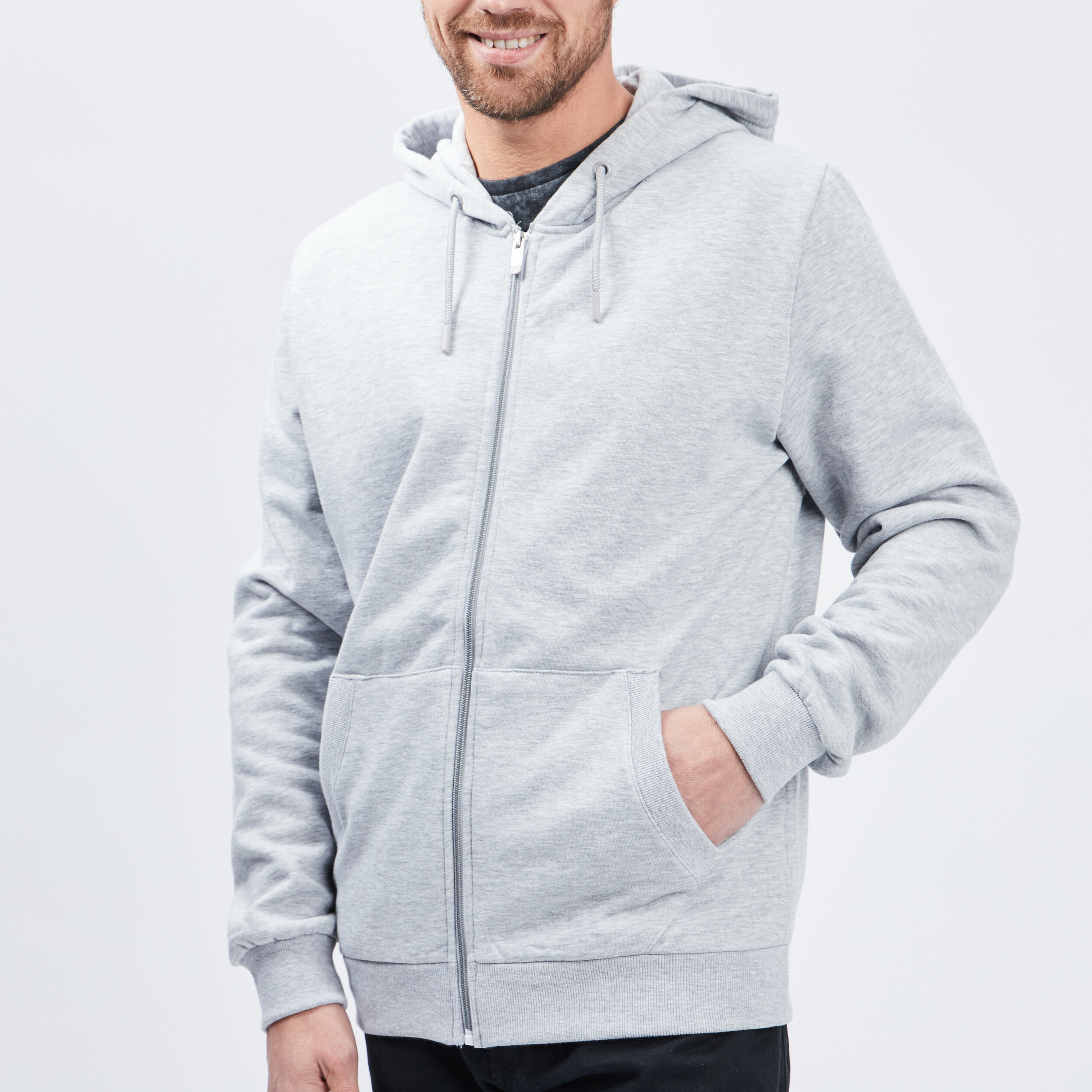 Sweat zipp&eacute; molleton &agrave; capuche gris homme