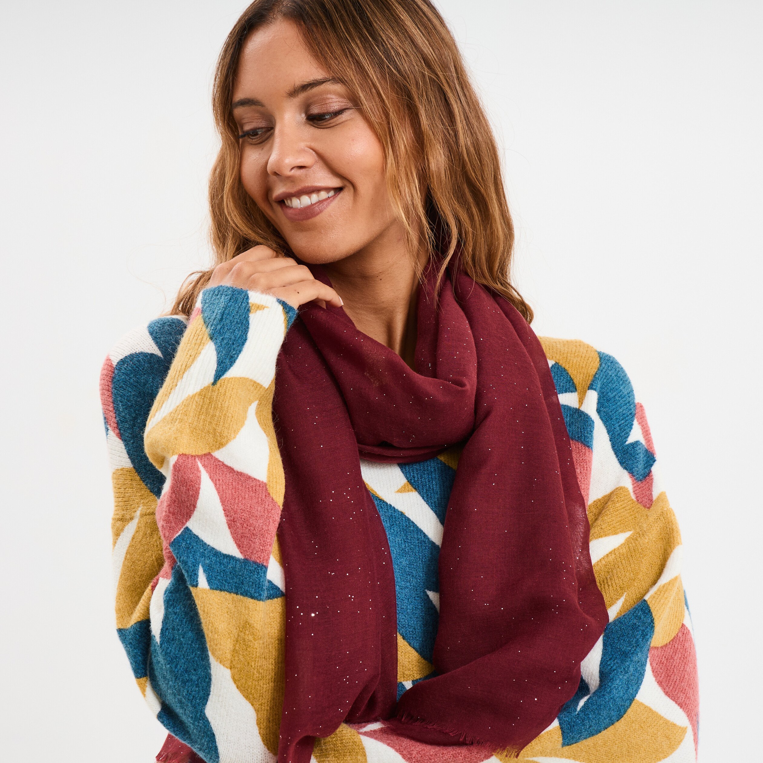 foulard bords a franges fines prune femme Foulard bords à franges fines prune femme