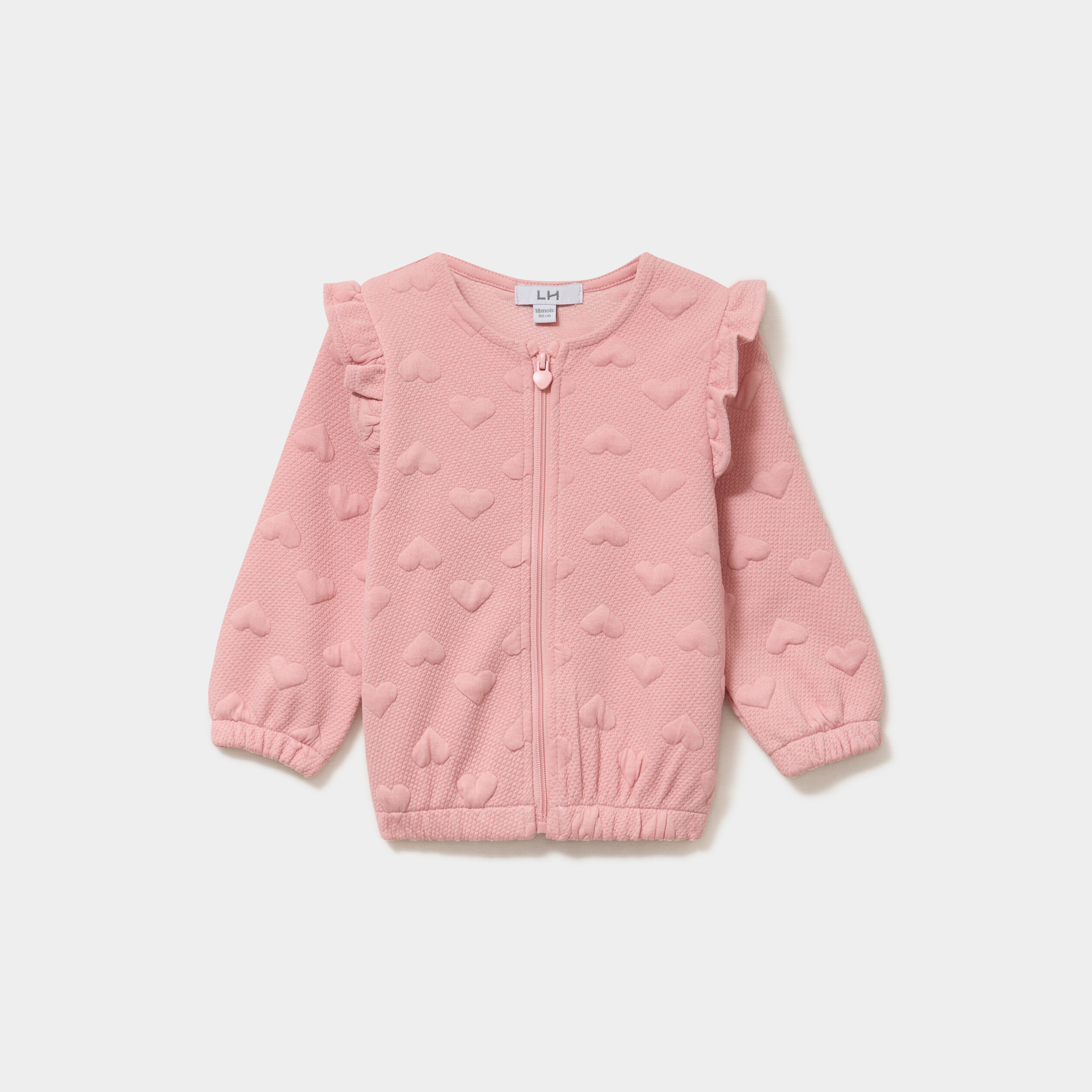 Gilet zipp&eacute; matelass&eacute; coeur &agrave; volants rose poudr&eacute;e b&eacute;b&eacute; fille