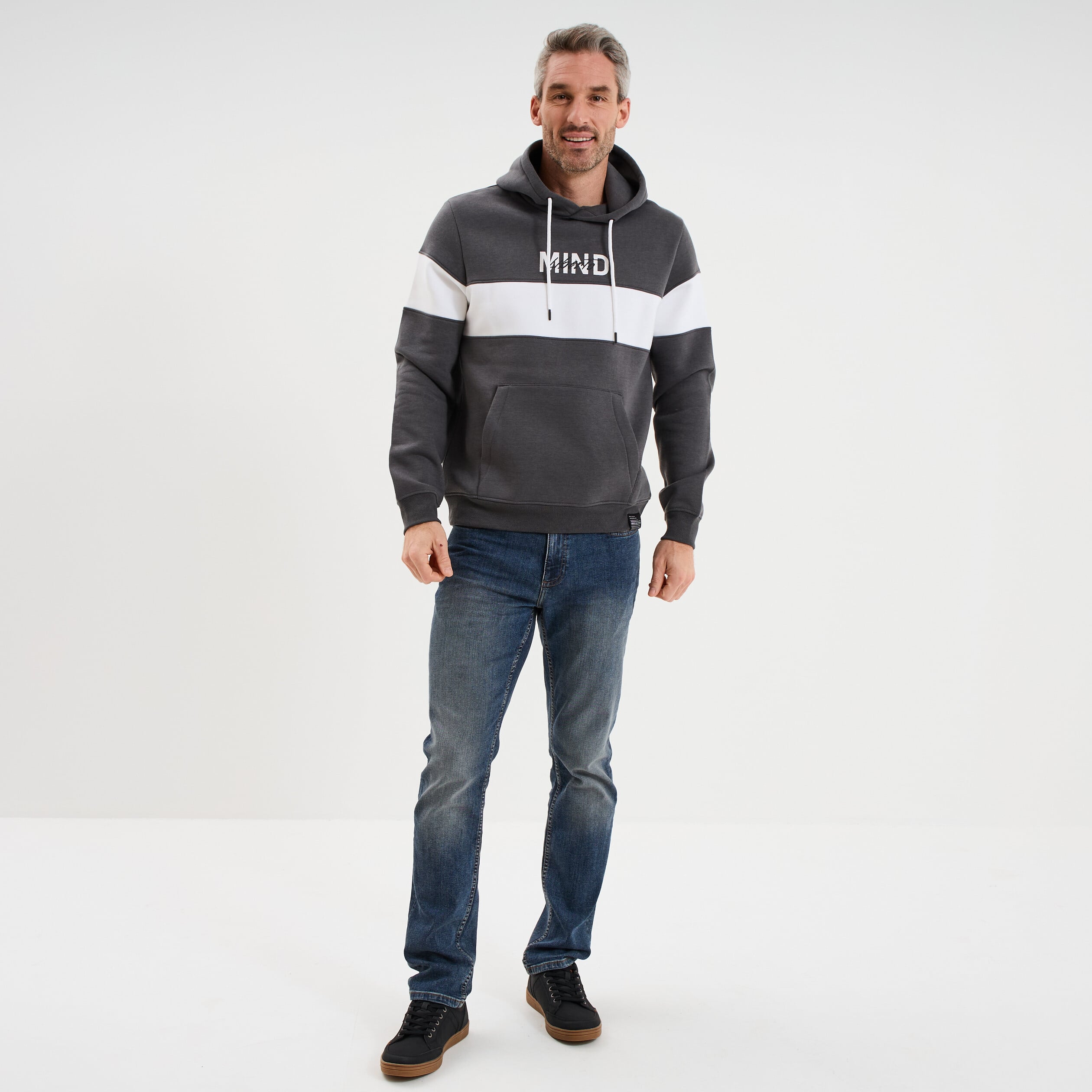 Sweat hoodie molleton manches longues gris fonc&eacute; homme