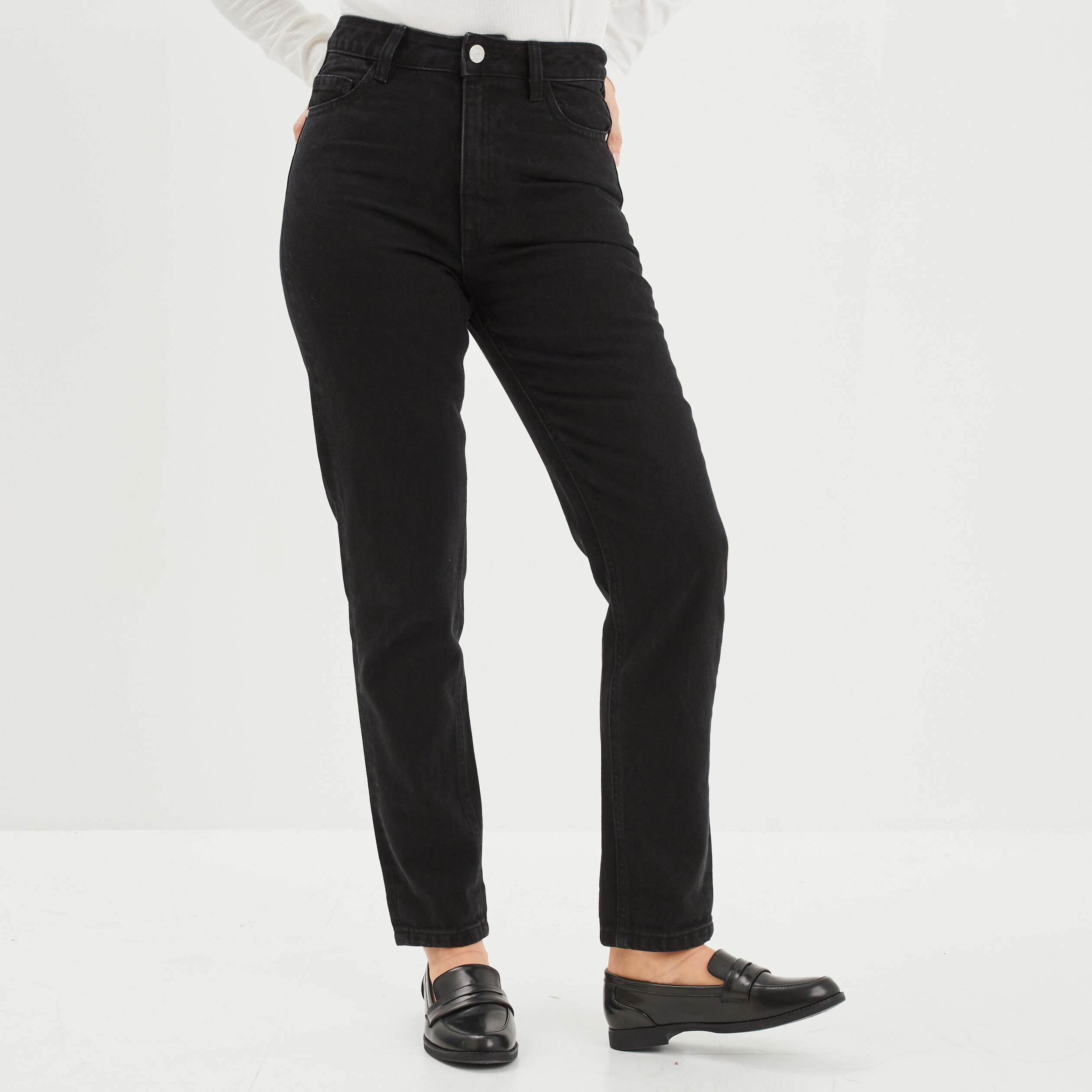 Jeans mom 7 8eme taille haute coton denim noir femme