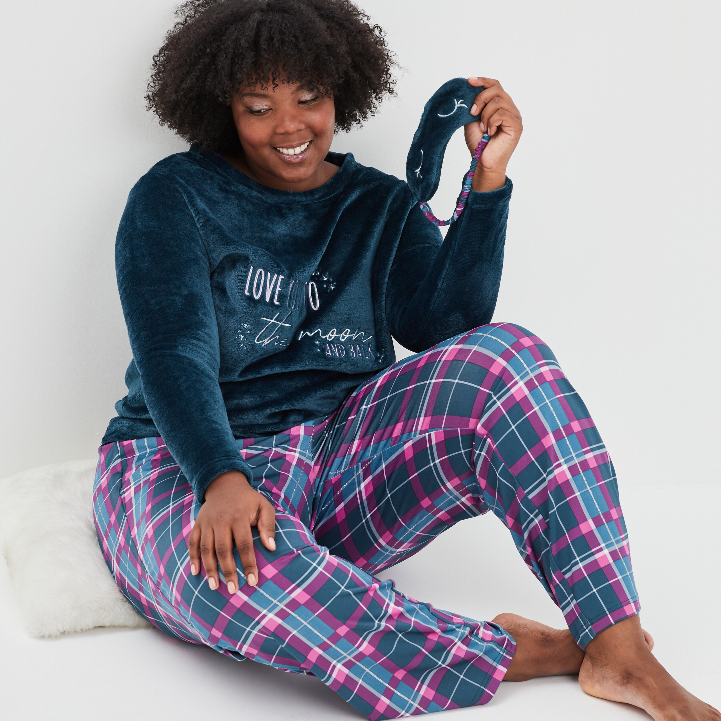 Ensemble pyjama pantalon haut velours bleu canard femme grande