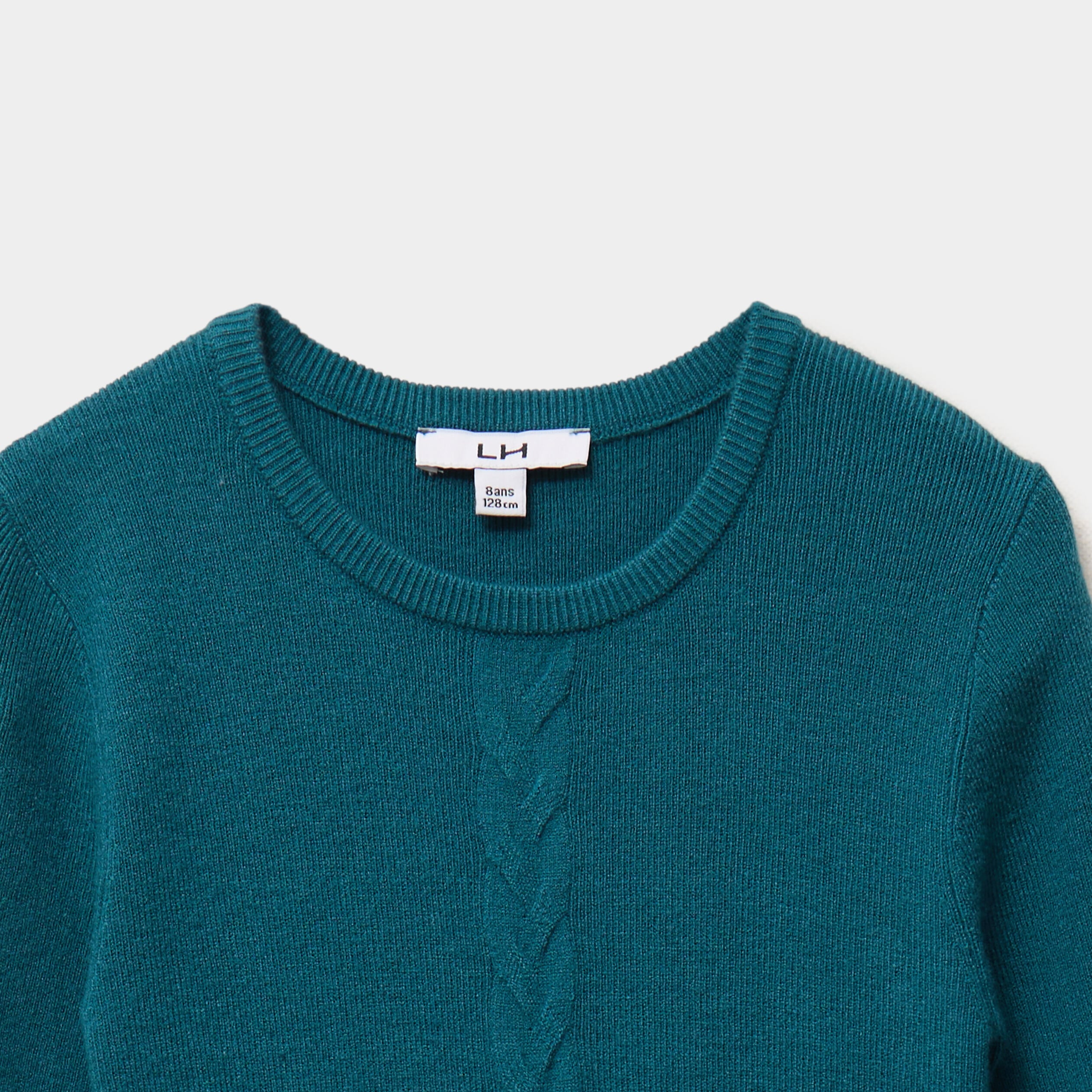 Robe tricot &eacute;vas&eacute;e manches longues vert fonc&eacute; fille